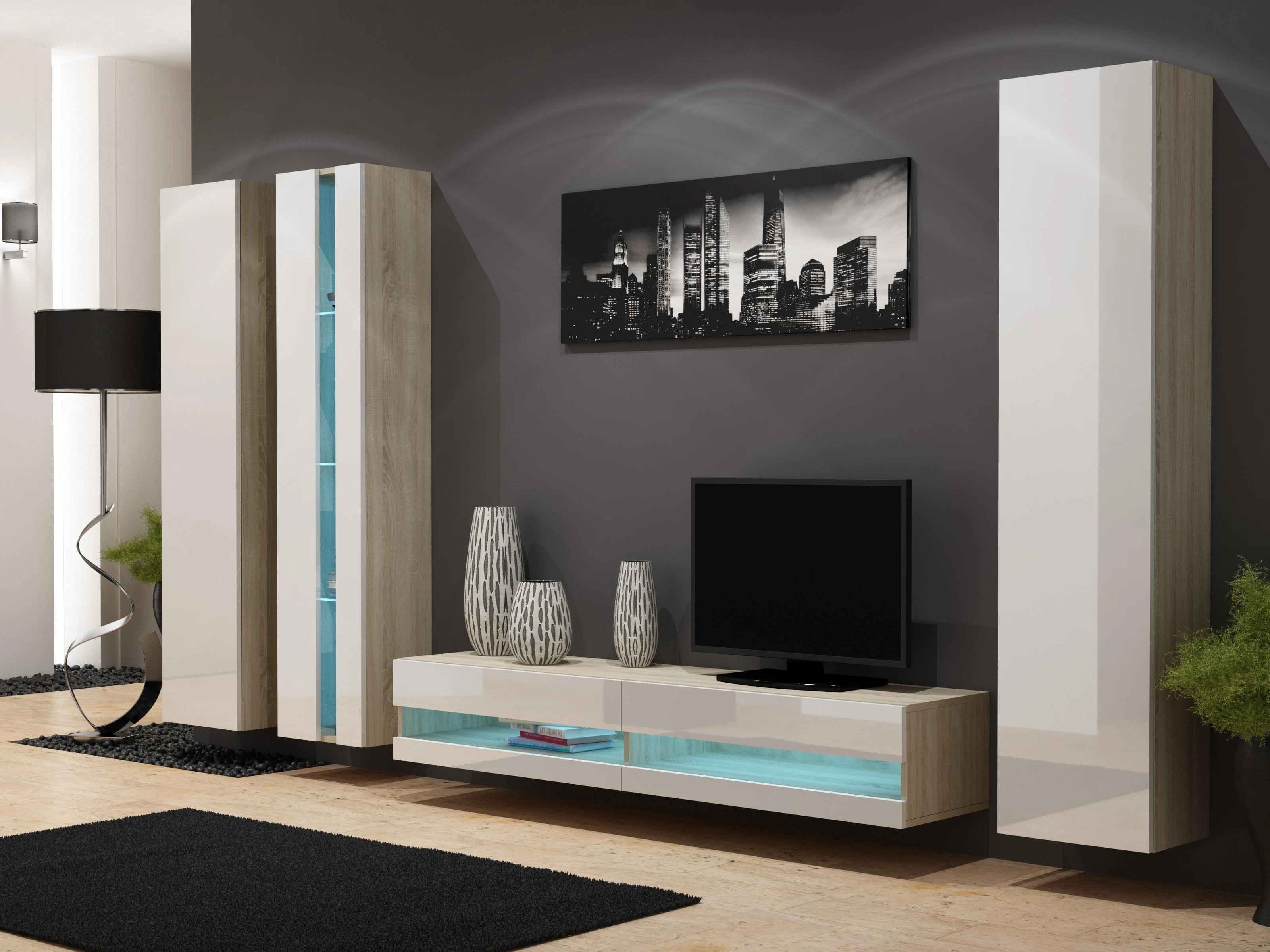 Cama Meble Sieninė lentyna WIO180 VIGO, 180/40/30, (spalva: Sonomos ąžuolas/Blizgi balta) aprašymas - Prekės nuotrauka
