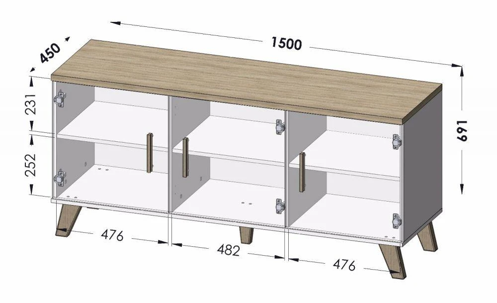 Cama Meble Svetainės komoda - LOTTA 150 3D Wotan ąžuolas + matinė juoda