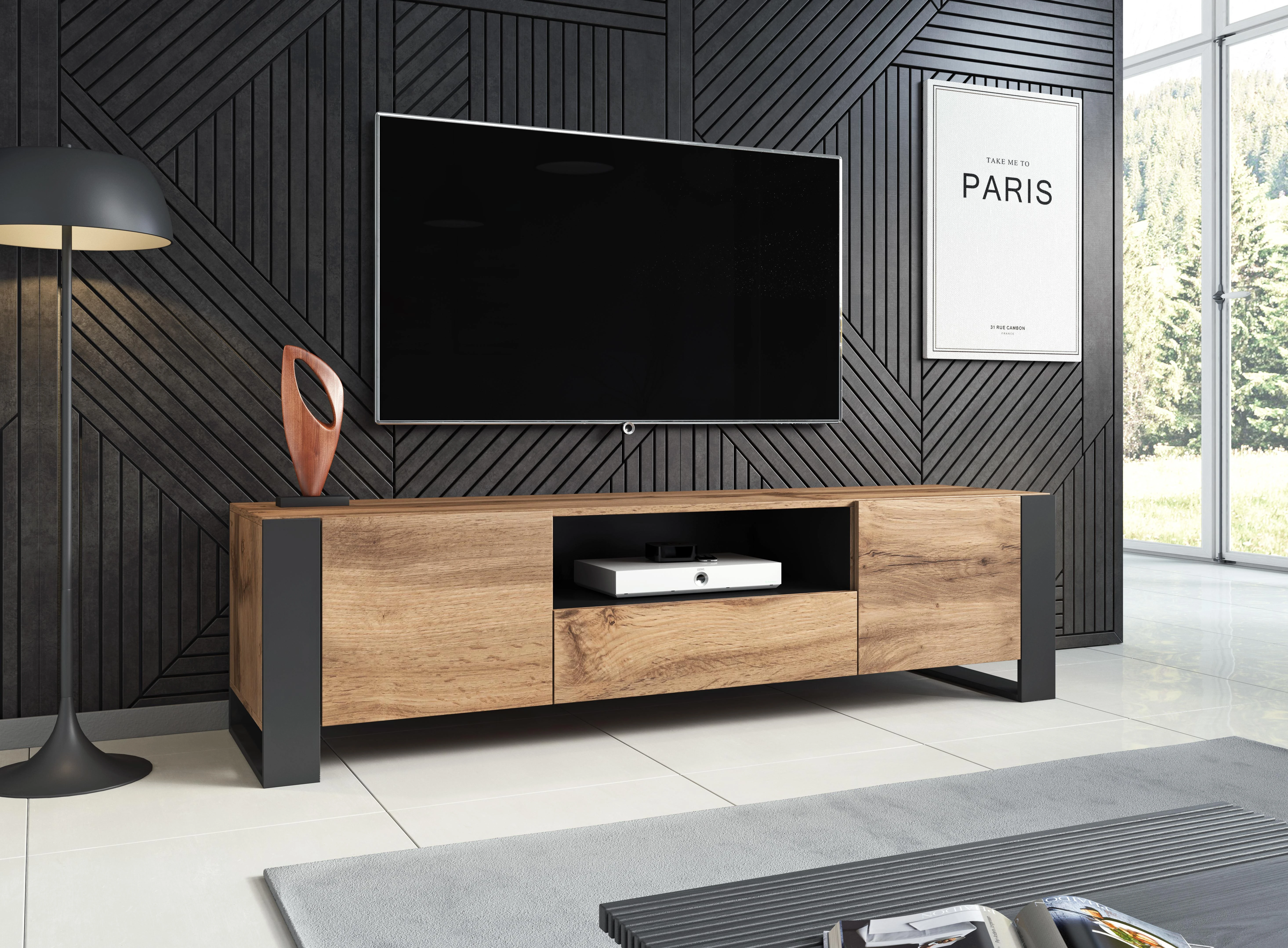TV staliukas Cama Meble Televizoriaus stovas - Cama Evora 200 Blizgus Wenge/Pilkas