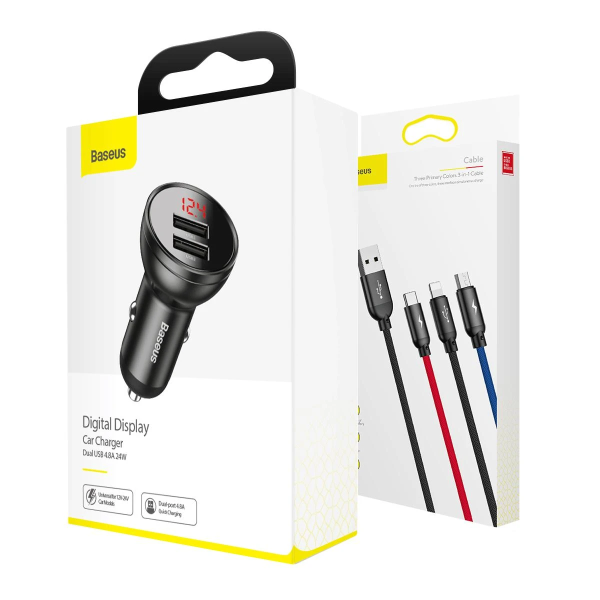 Baseus automobilinis įkroviklis 24W su 3-in-1 USB kabeliu 1.2m