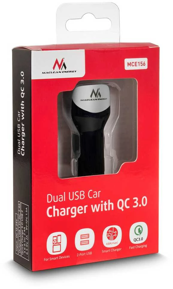 MACLEAN MCE157 Maclean MCE157 Automobilinis pakrovėjas max4,8A 2xUSB Qualcomm QC QC 3.0 plus 1,5m sidabrinis