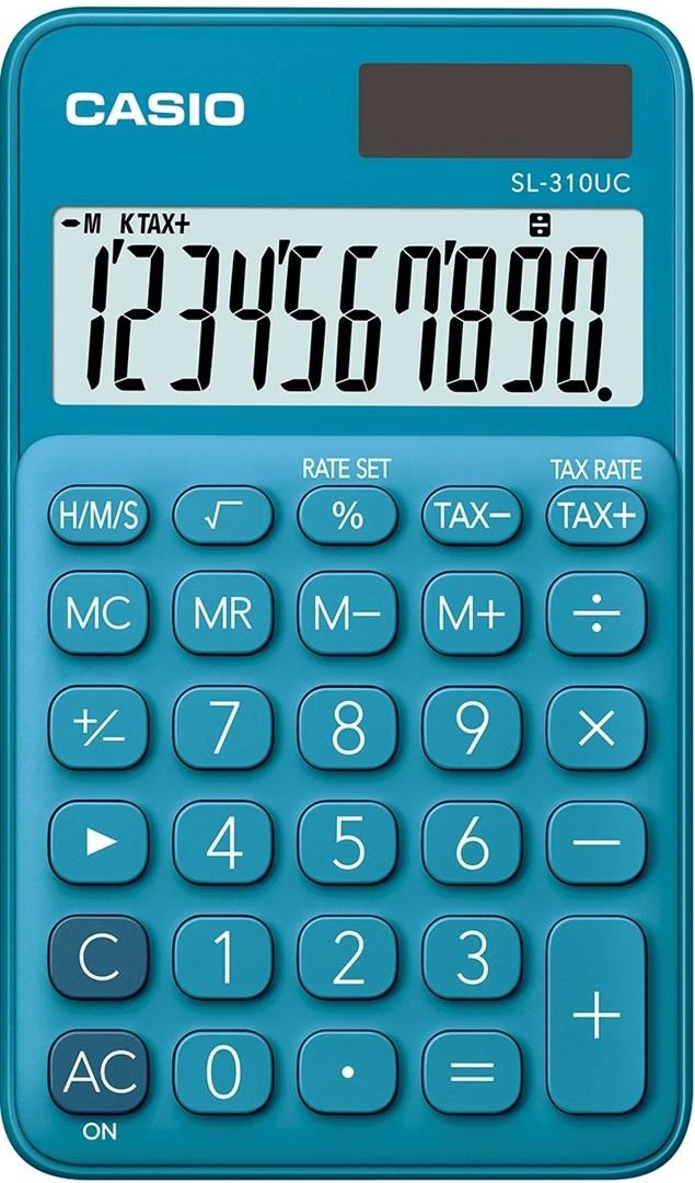Mėlynas Casio SL-310UC skaičiuotuvas su 10 skaitmenų ekranu