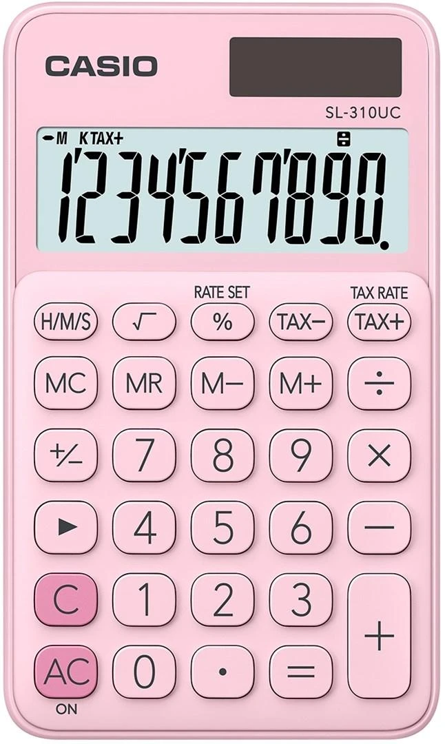 Rožinis Casio SL-310UC skaičiuotuvas su skaitmenų ekranu