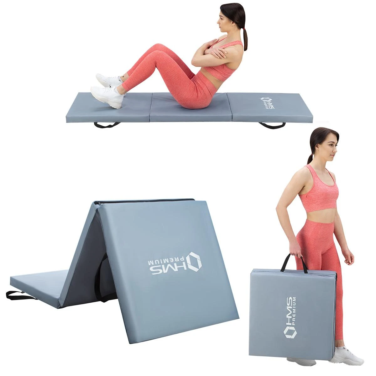 Sulankstomas gimnastikos kilimėlis HMS Premium MGS02 1800x600mm, pilkas