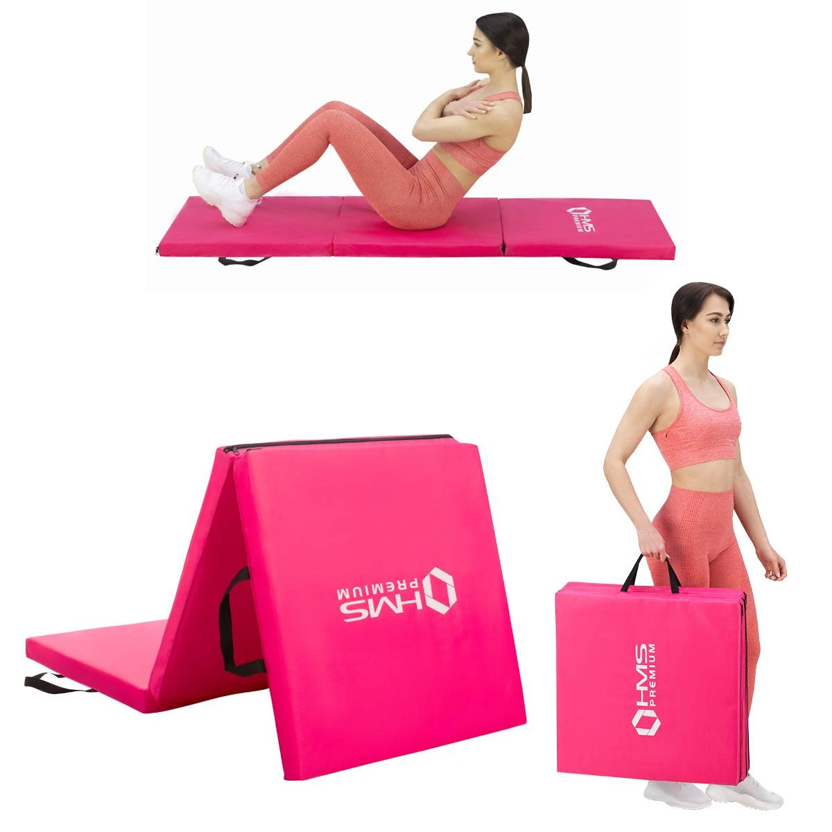 Sulankstomas gimnastikos kilimėlis HMS Premium MGS02 1800x600mm, rožinis