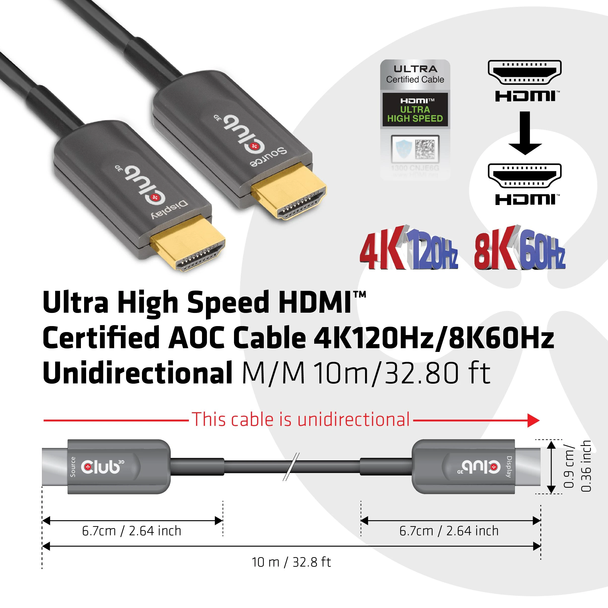 Club 3D HDMI AOC Kabelis 10m Ultra High Speed 4K120Hz, 8K60Hz St. / St.