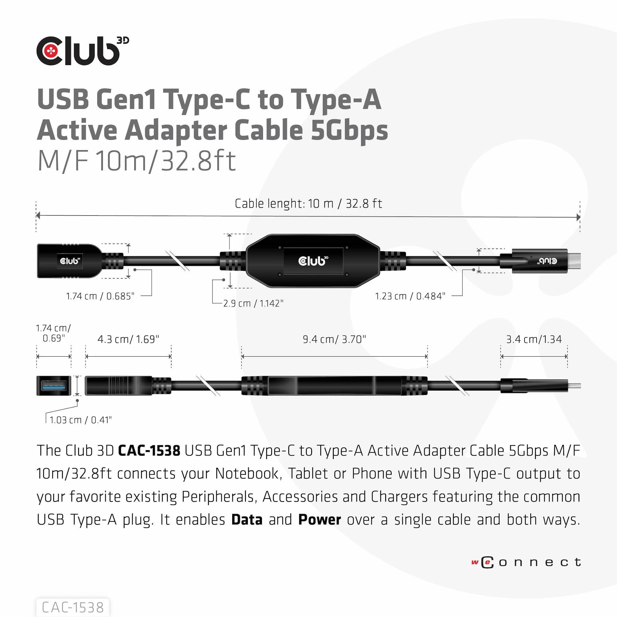 USB kabelis Club 3D USB-A - USB-C 10 m Juodas (CAC- 1538)