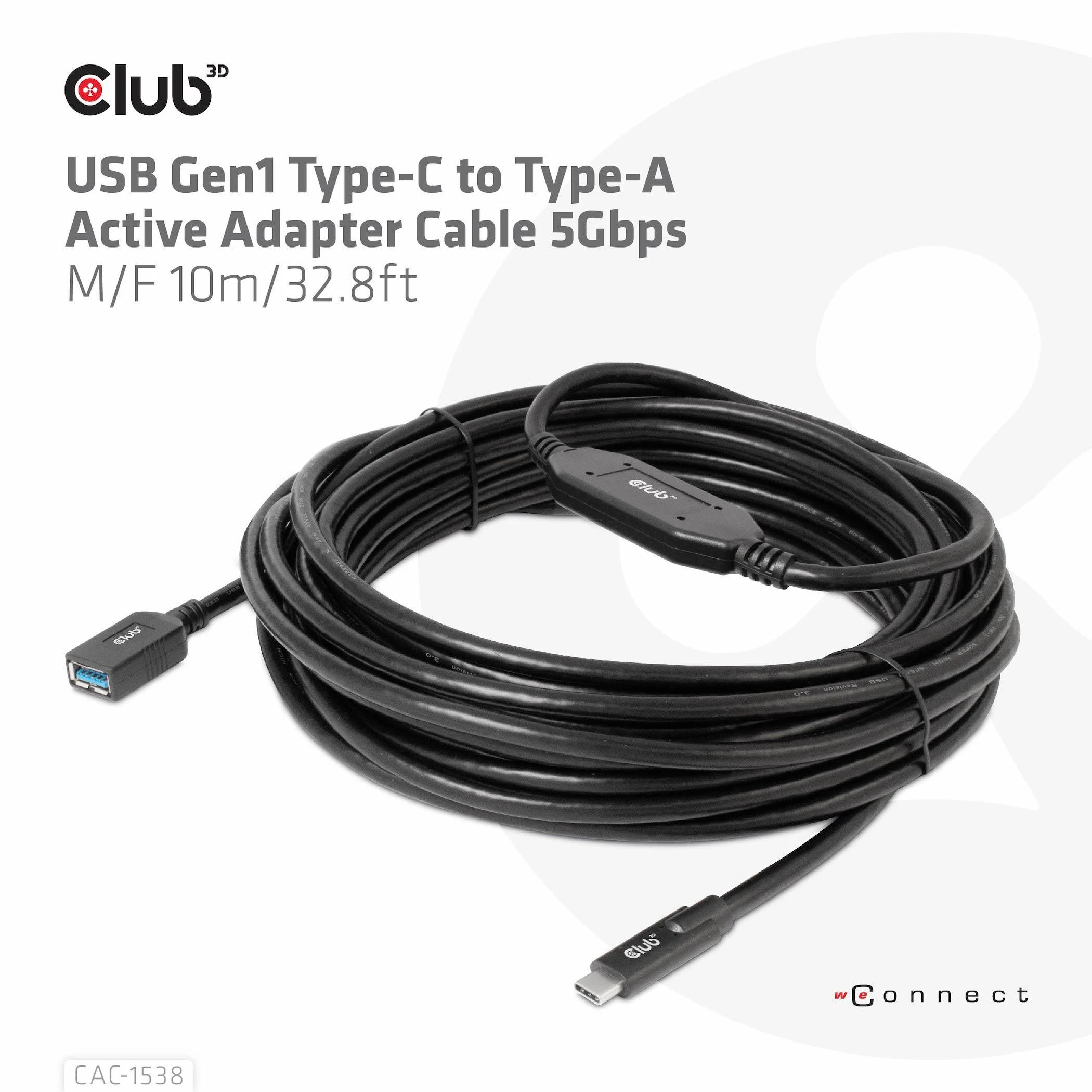 USB kabelis Club 3D USB-A - USB-C 10 m Juodas (CAC- 1538)
