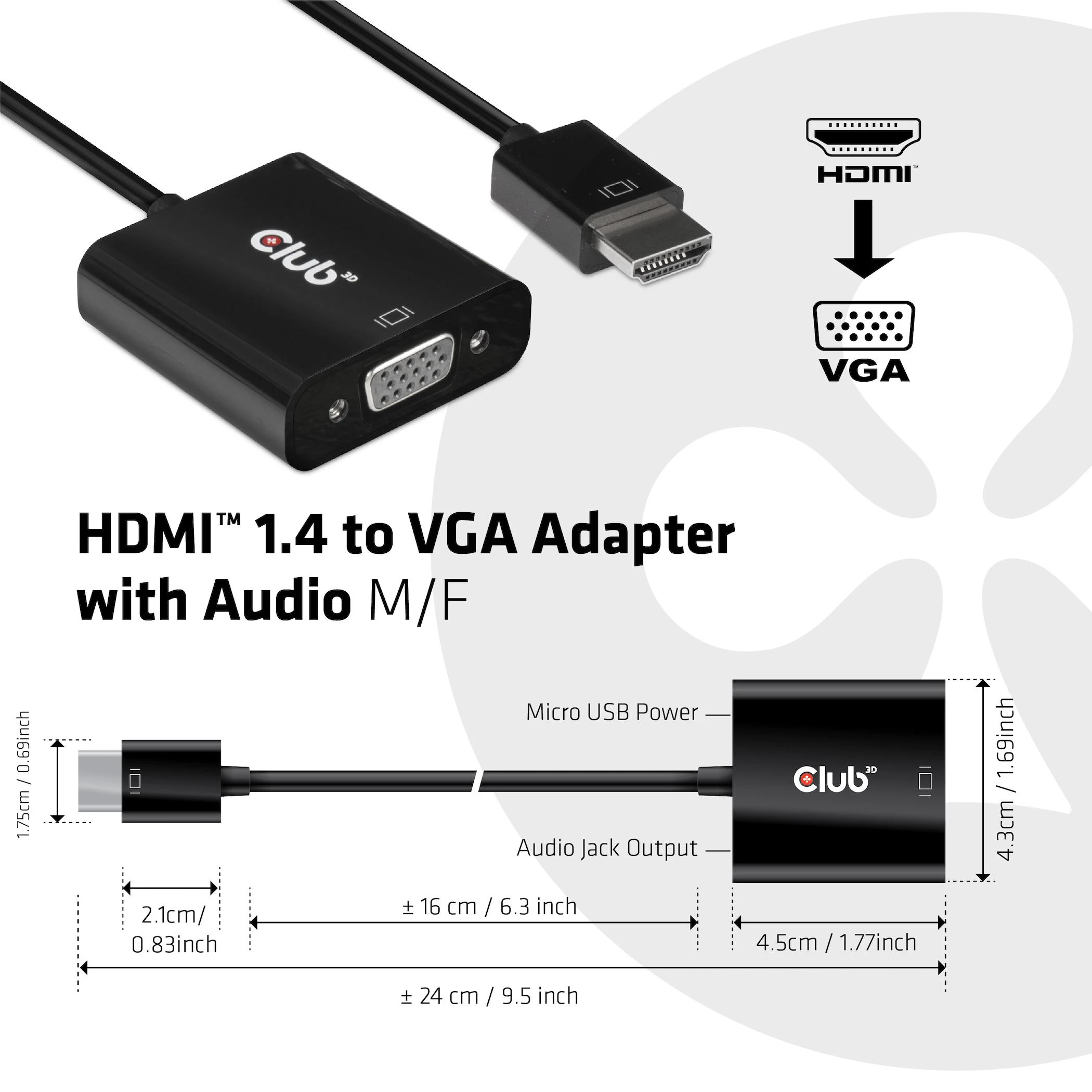 HDMI į VGA adapteris su matmenų schema