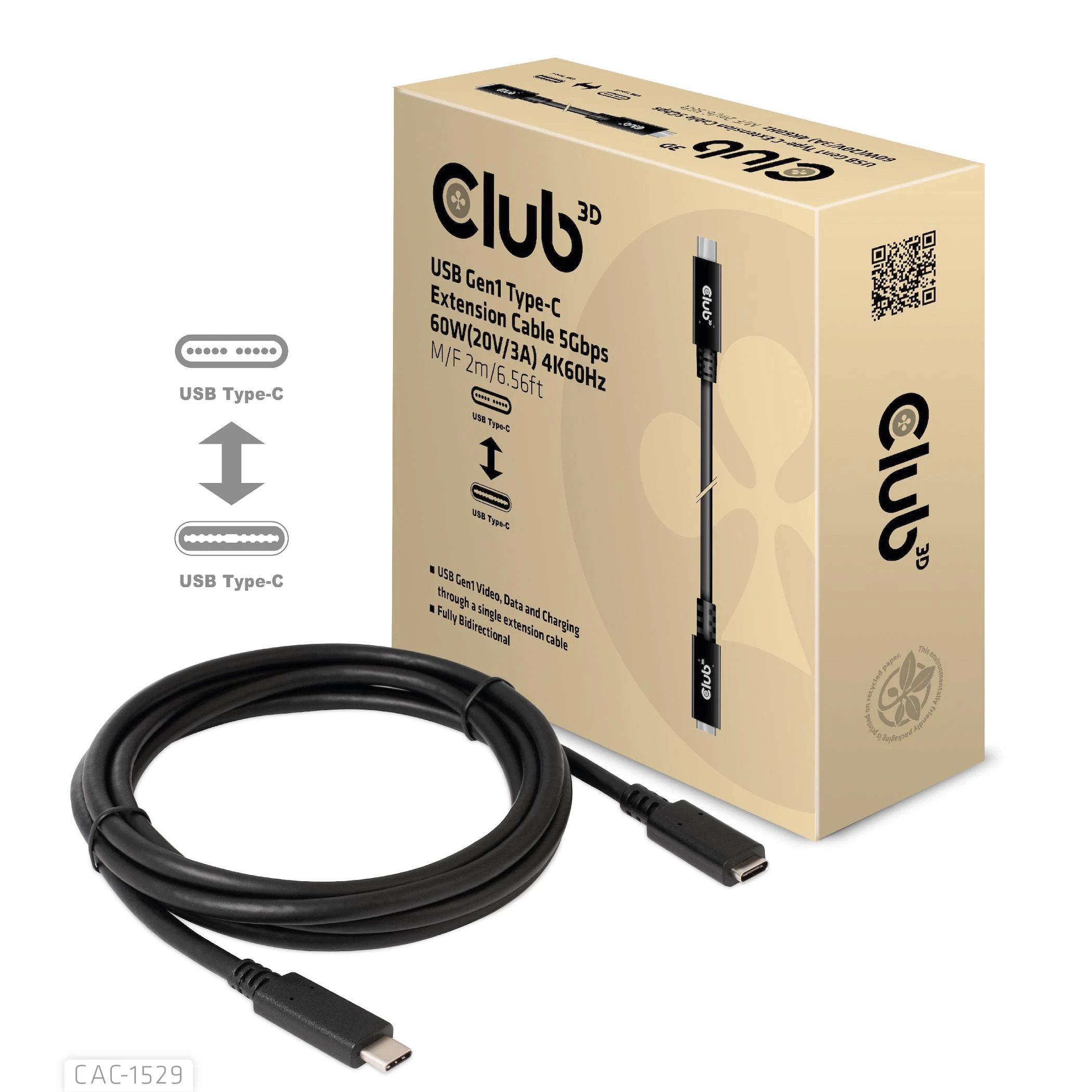 Club 3D CLUB3D CAC-1529 USB Gen1 Type-C ilgintuvas 5Gbps 60W (20V/3A) 4K60Hz M/F 2m