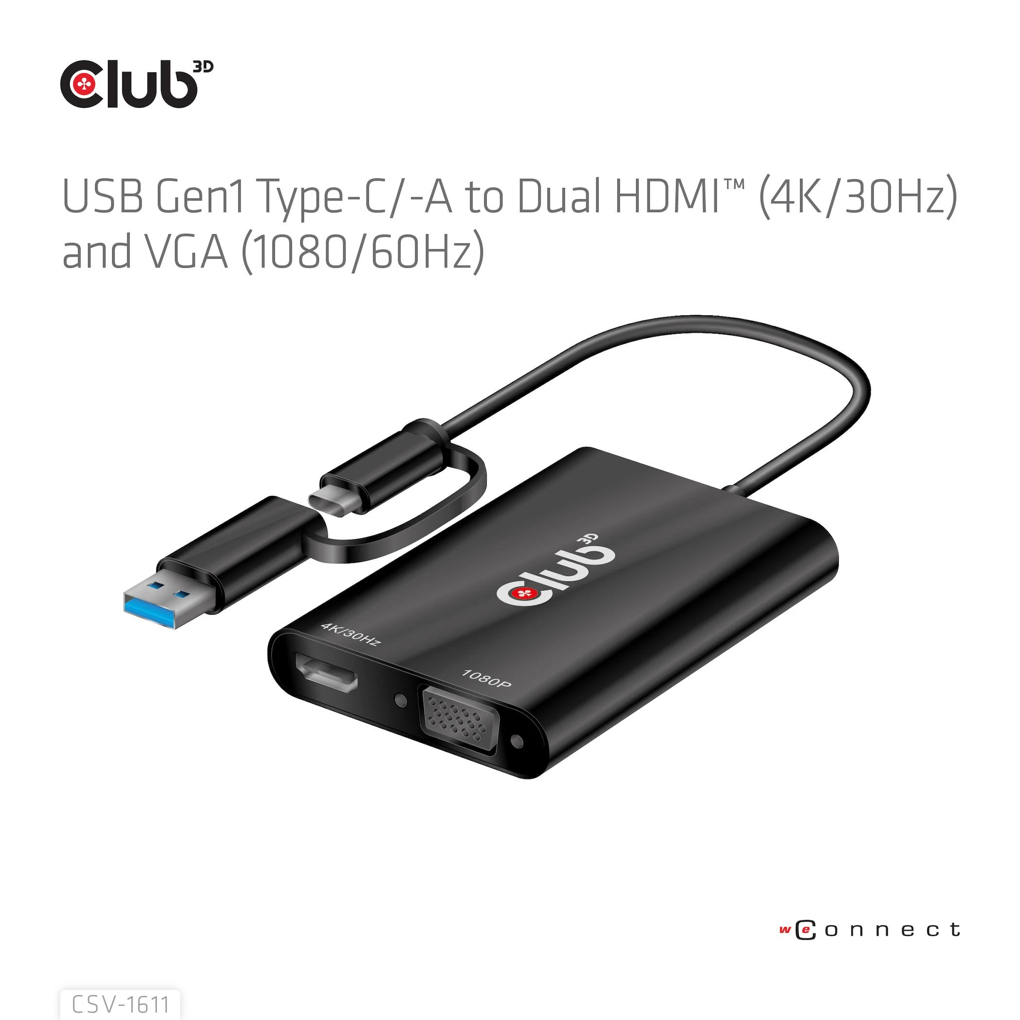 Club 3D CLUB3D USB Gen1 Type-C/-A iki dvigubo HDMI (4K/30Hz) / VGA (1080/60Hz)