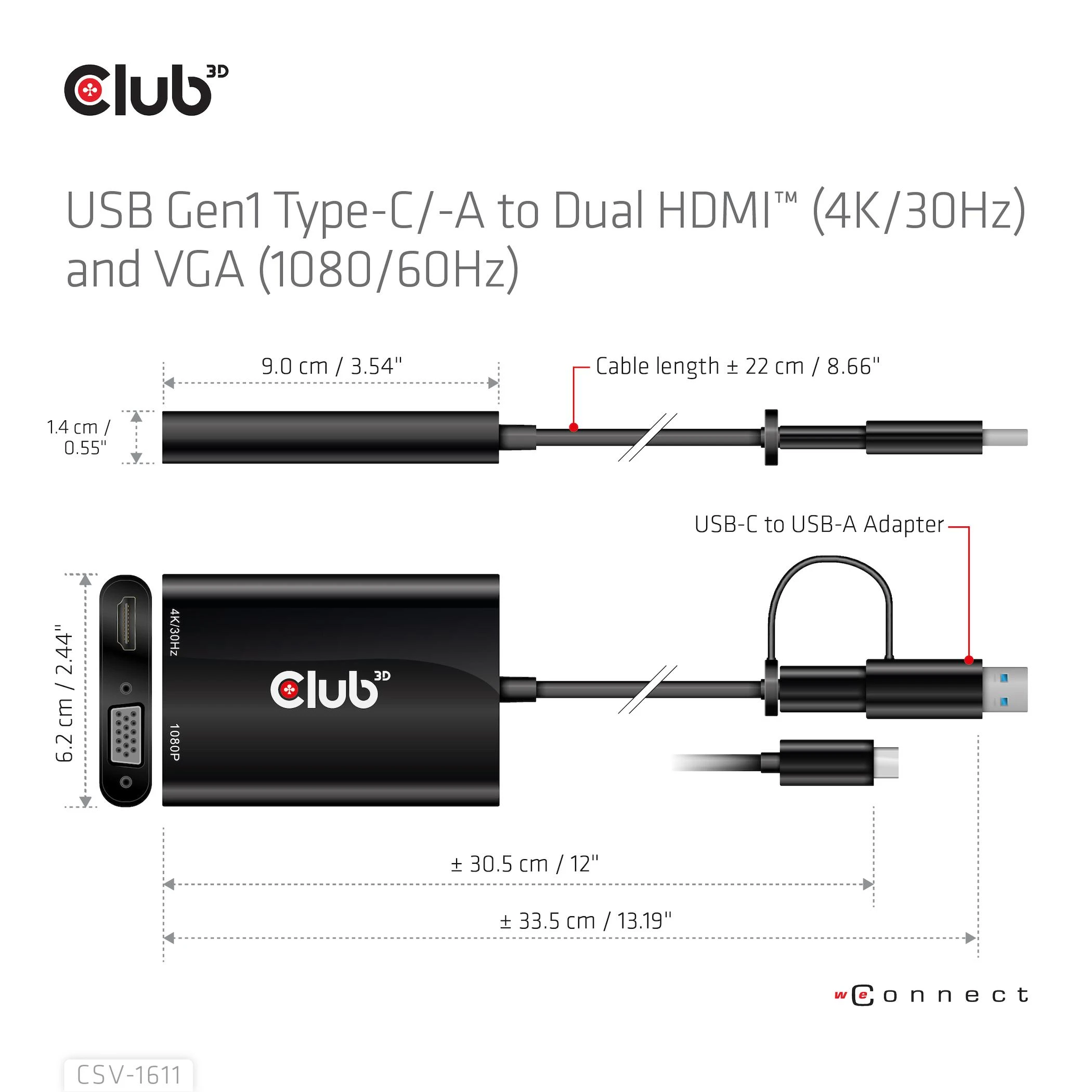 Club 3D CLUB3D USB Gen1 Type-C/-A iki dvigubo HDMI (4K/30Hz) / VGA (1080/60Hz)