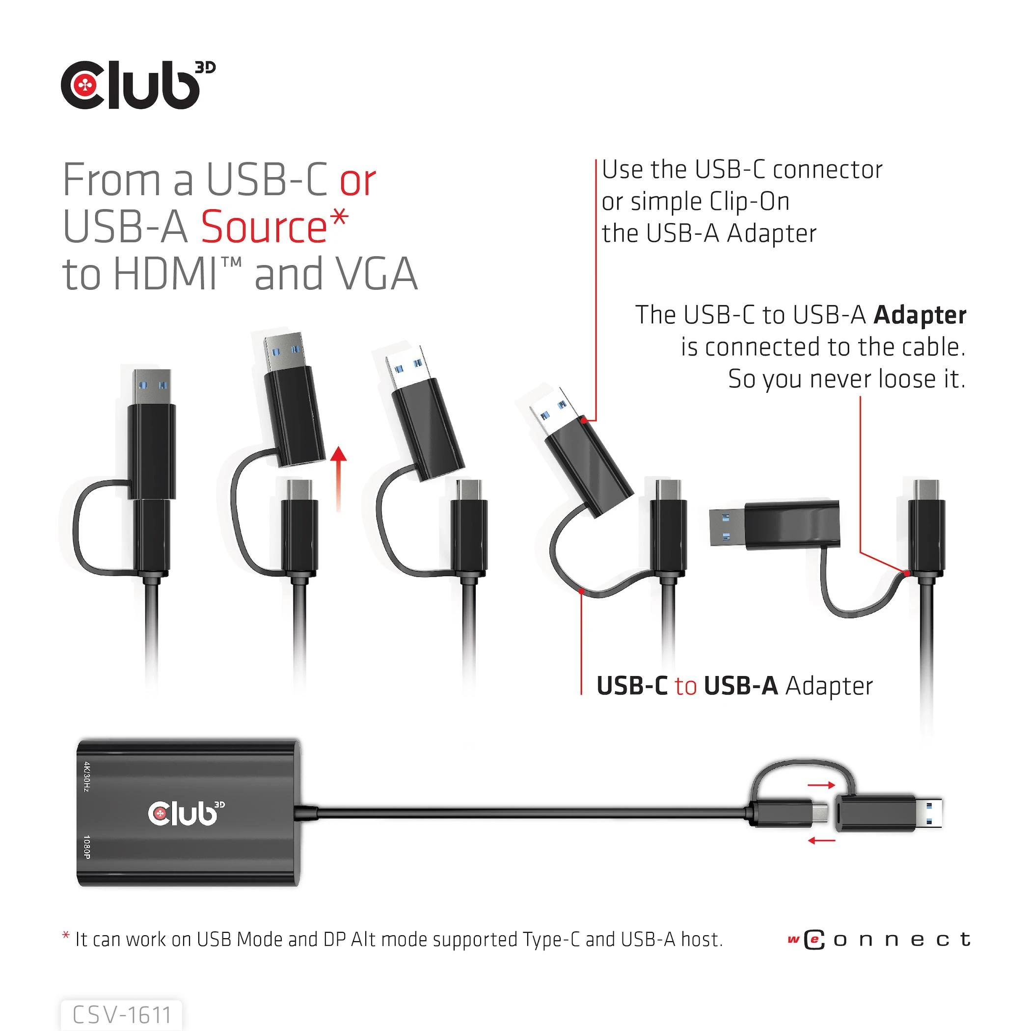 Club 3D CLUB3D USB Gen1 Type-C/-A iki dvigubo HDMI (4K/30Hz) / VGA (1080/60Hz)