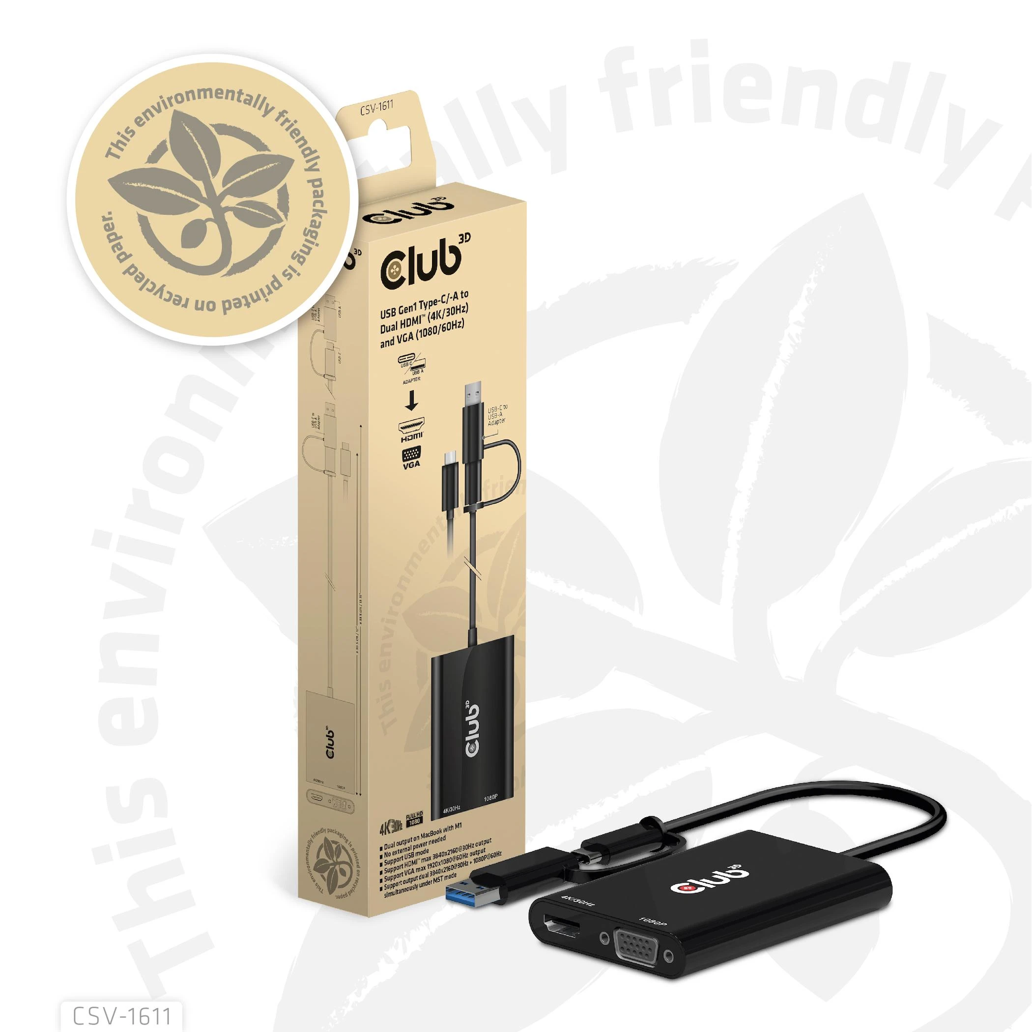 Club 3D CLUB3D USB Gen1 Type-C/-A iki dvigubo HDMI (4K/30Hz) / VGA (1080/60Hz)