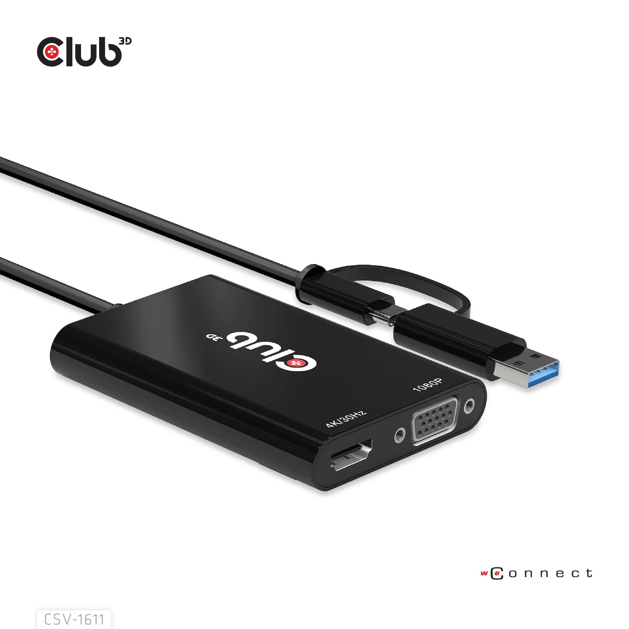 Club 3D CLUB3D USB Gen1 Type-C/-A iki dvigubo HDMI (4K/30Hz) / VGA (1080/60Hz)