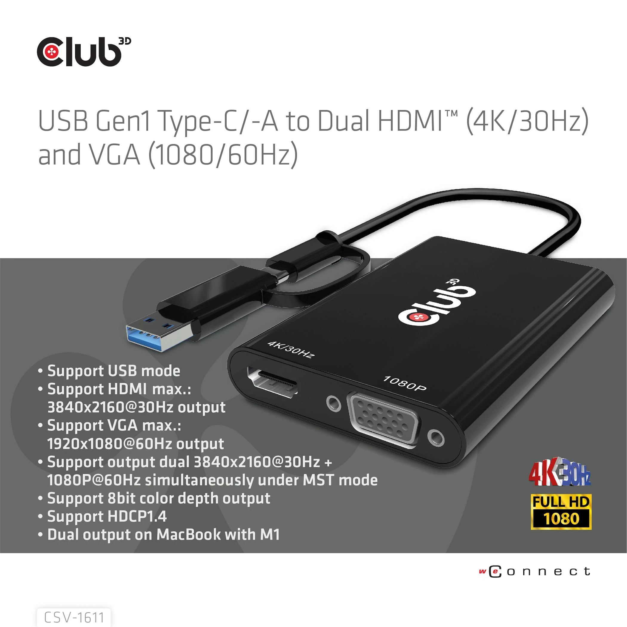 Club 3D CLUB3D USB Gen1 Type-C/-A iki dvigubo HDMI (4K/30Hz) / VGA (1080/60Hz)