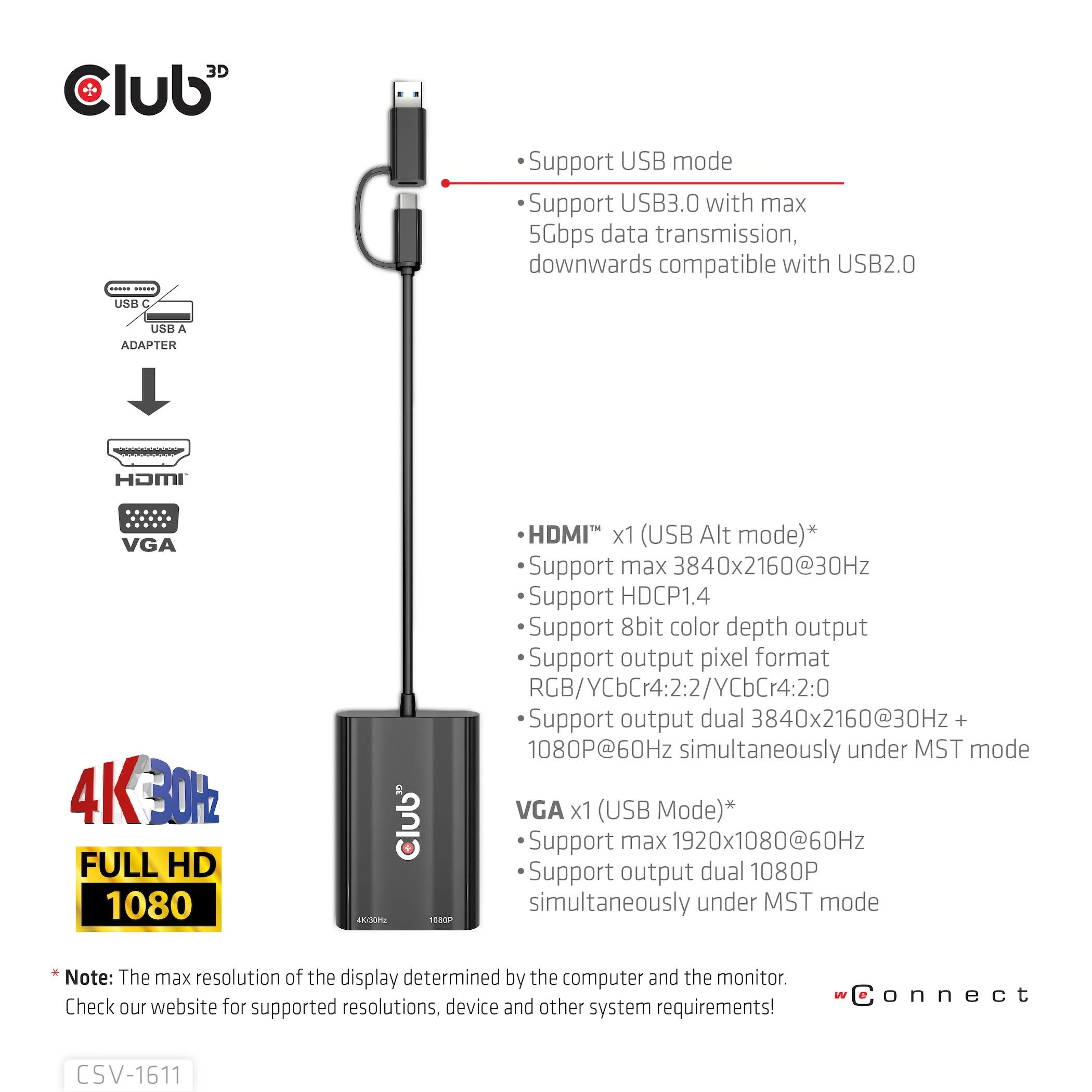 Club 3D CLUB3D USB Gen1 Type-C/-A iki dvigubo HDMI (4K/30Hz) / VGA (1080/60Hz)