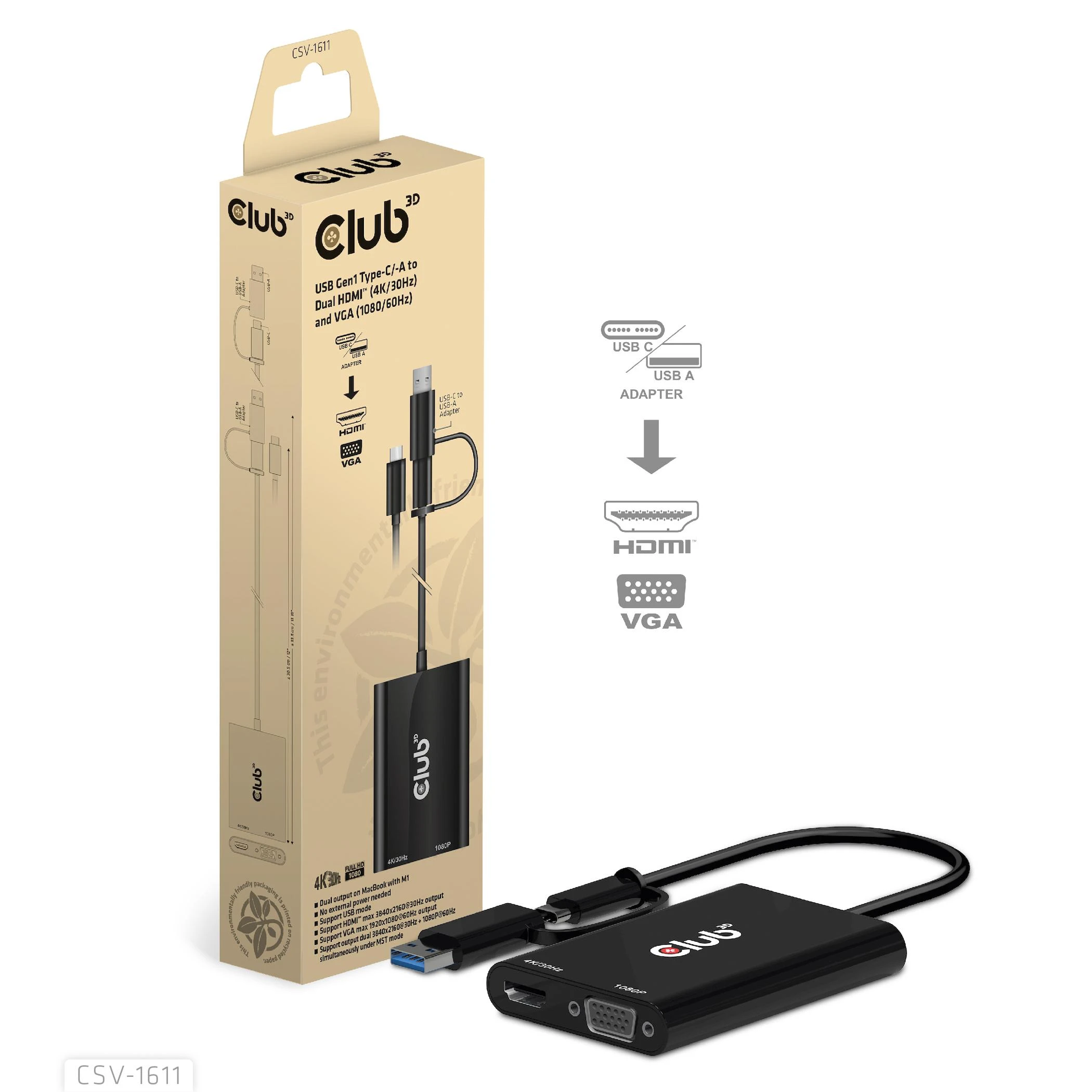 Club 3D CLUB3D USB Gen1 Type-C/-A iki dvigubo HDMI (4K/30Hz) / VGA (1080/60Hz)