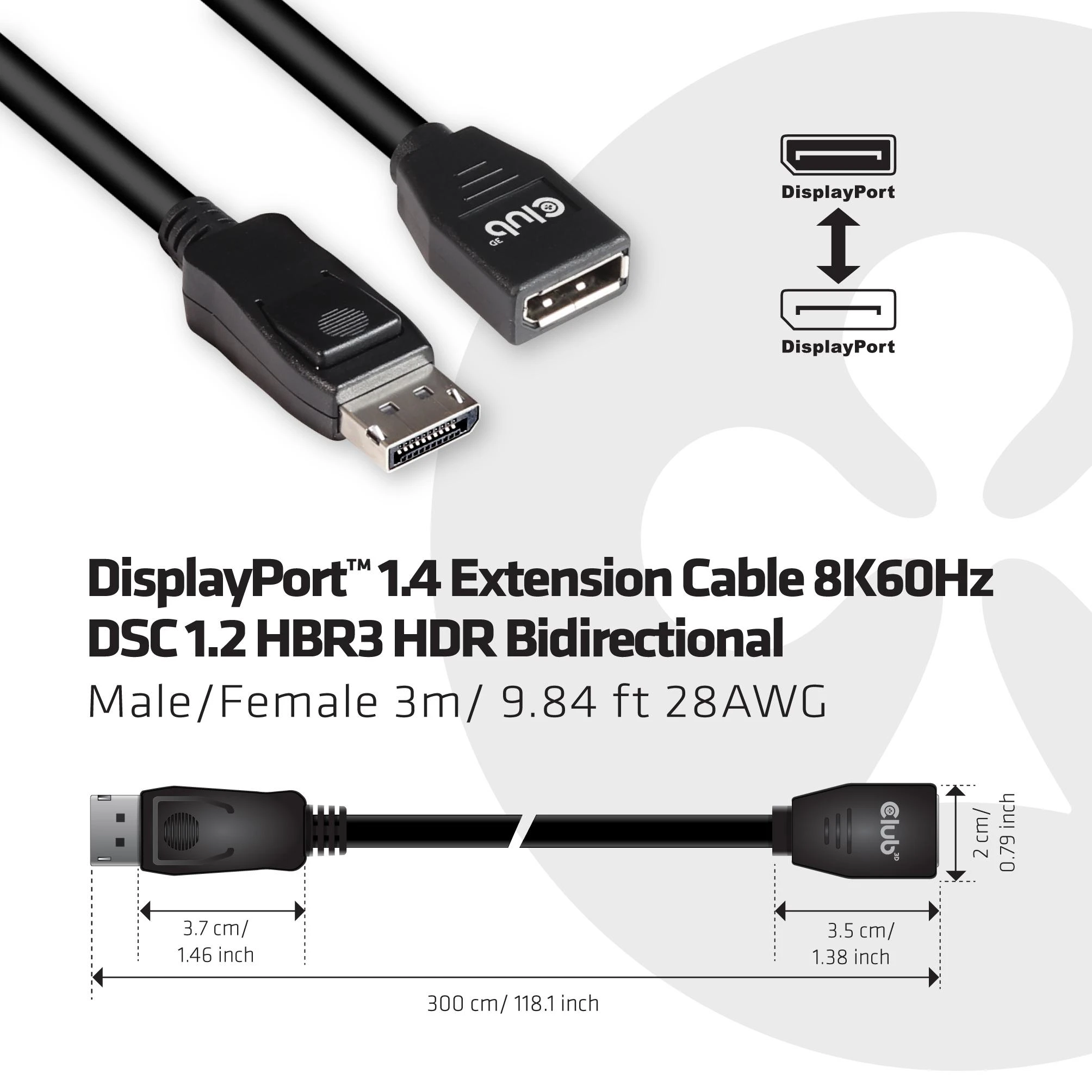 Club 3D DisplayPort 1.4 ilginamasis kabelis su techniniais matmenimis