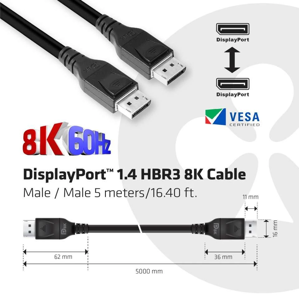 Club 3D DisplayPort 1.4 HBR3 8K60Hz DSC 1.2 Kabelis kištukinis/kištukinis – 5m