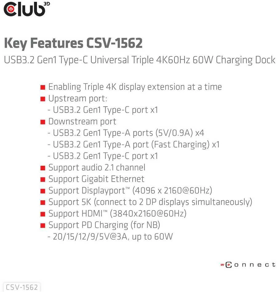 Club 3D CLD CLUB3D CSV-1562 knyginių kompiuterių dokas / jungčių replikatorius Prijungimas USB 3.2 Gen 1 (3.1 Gen 1) Type-C Juoda