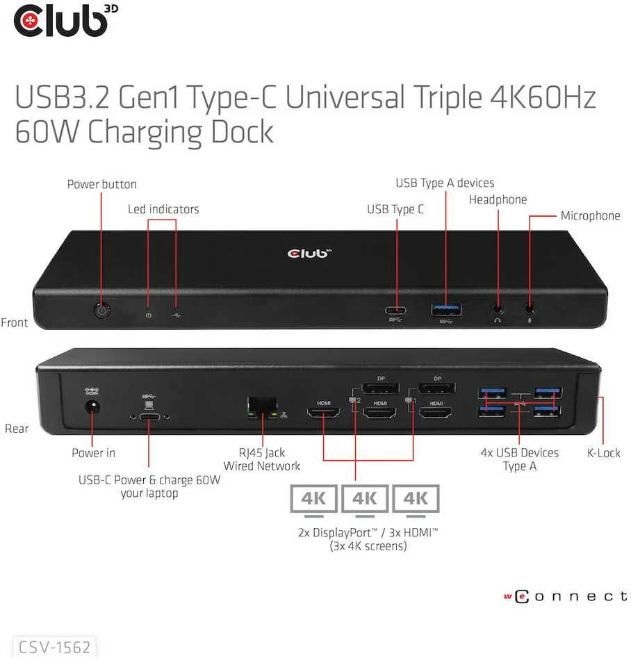 Club 3D CLD CLUB3D CSV-1562 knyginių kompiuterių dokas / jungčių replikatorius Prijungimas USB 3.2 Gen 1 (3.1 Gen 1) Type-C Juoda