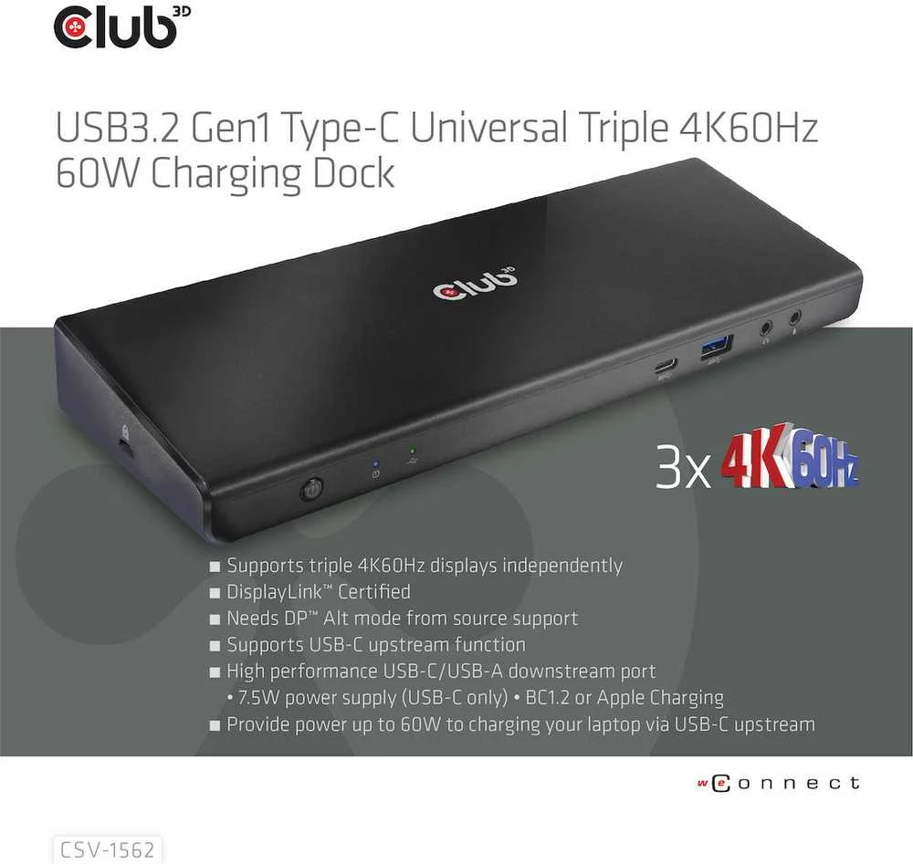 Club 3D CLD CLUB3D CSV-1562 knyginių kompiuterių dokas / jungčių replikatorius Prijungimas USB 3.2 Gen 1 (3.1 Gen 1) Type-C Juoda