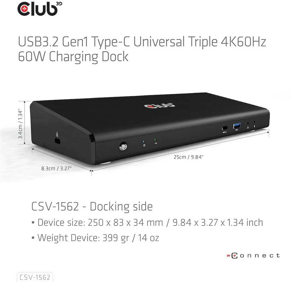 Club 3D CLD CLUB3D CSV-1562 knyginių kompiuterių dokas / jungčių replikatorius Prijungimas USB 3.2 Gen 1 (3.1 Gen 1) Type-C Juoda