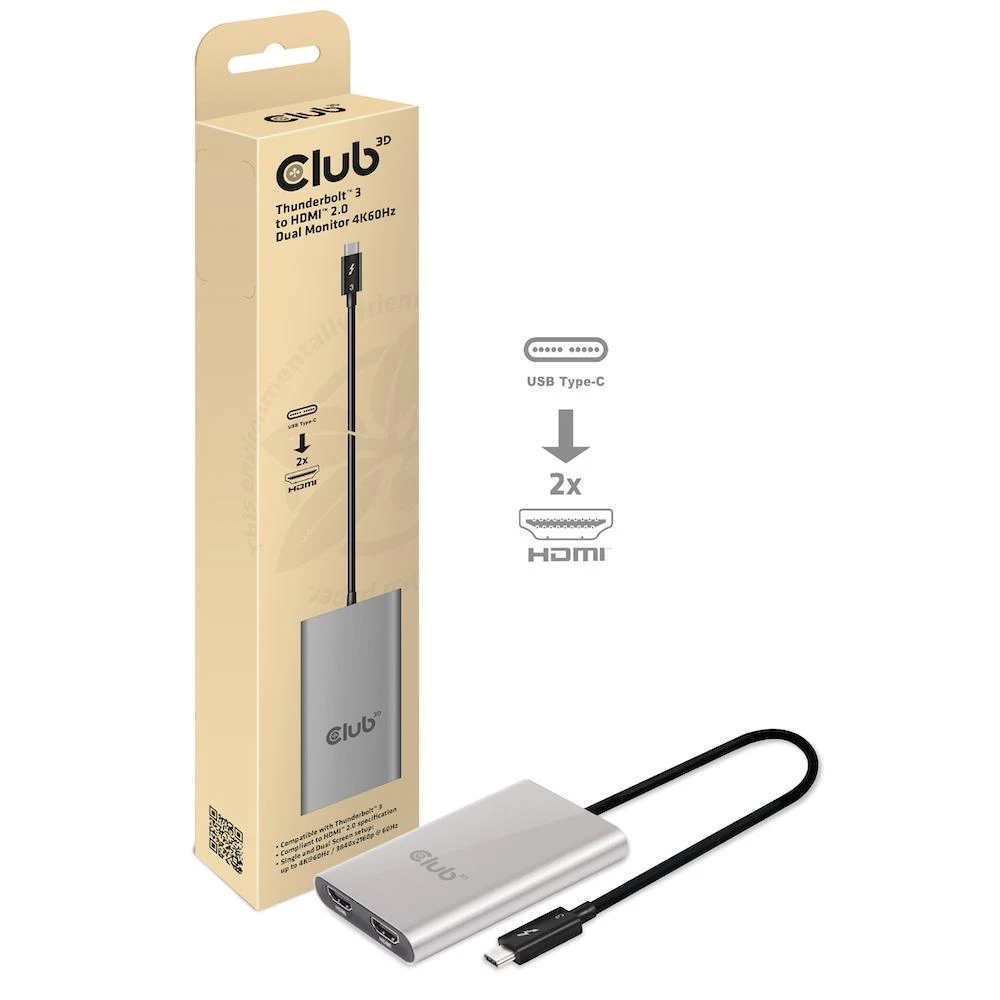 Club 3D Thunderbolt 3 į HDMI 2.0 2x monitorius 4K60Hz – 27mm
