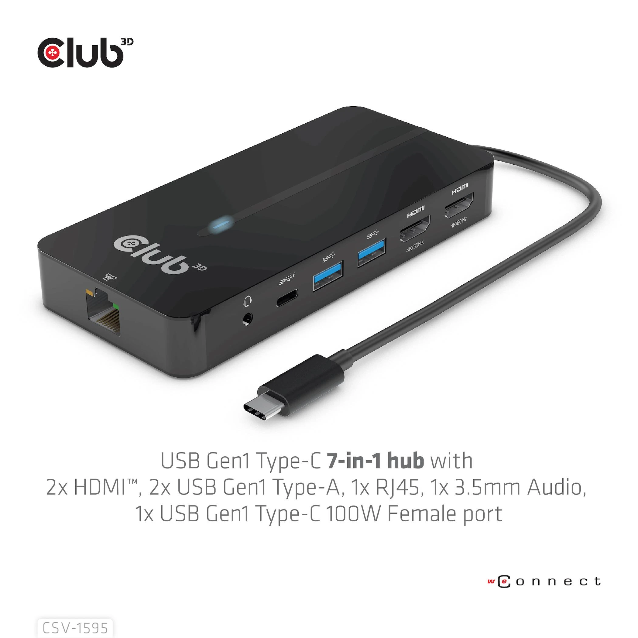 Club 3D CSV-1595 USB GEN1 TYPE-C 7-IN-1 HUB SU 2XHDMI, 2USB GEN1 TYPE-A, 1 RJ45, 1X3.5MM GARSO, 1XUSB GEN1 TYPE-C 100W MOTERIS