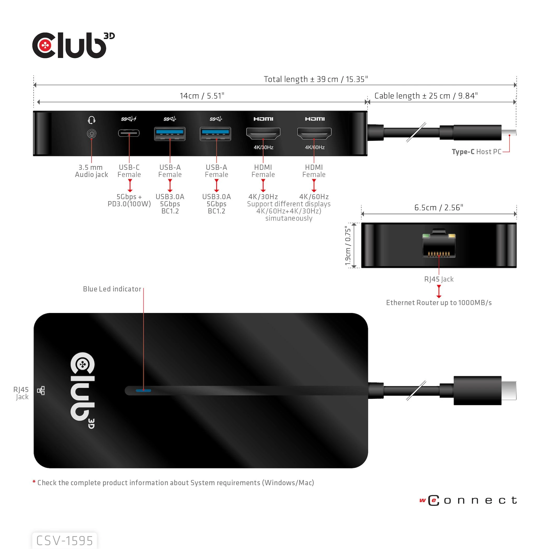Club 3D CSV-1595 USB GEN1 TYPE-C 7-IN-1 HUB SU 2XHDMI, 2USB GEN1 TYPE-A, 1 RJ45, 1X3.5MM GARSO, 1XUSB GEN1 TYPE-C 100W MOTERIS