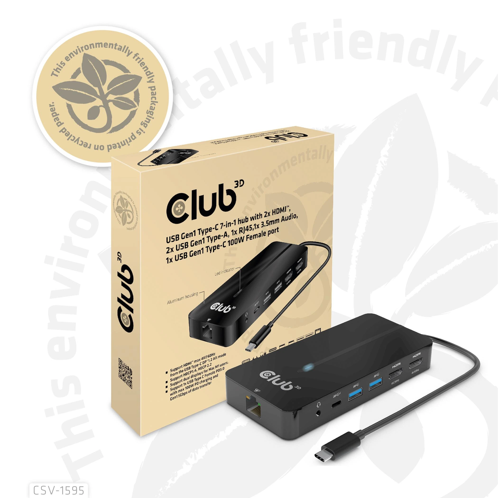 Club 3D CSV-1595 USB GEN1 TYPE-C 7-IN-1 HUB SU 2XHDMI, 2USB GEN1 TYPE-A, 1 RJ45, 1X3.5MM GARSO, 1XUSB GEN1 TYPE-C 100W MOTERIS