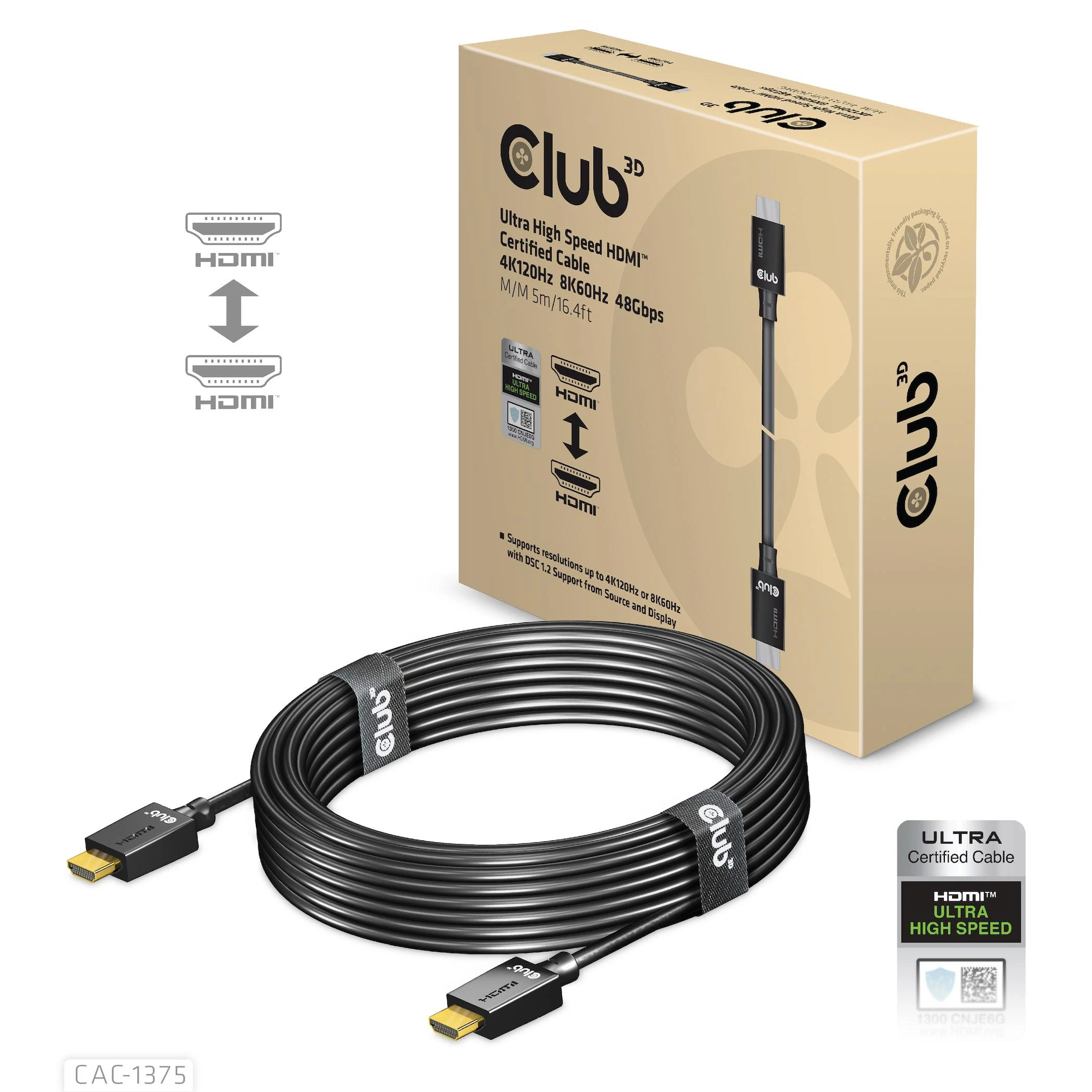 Club 3D CLUB3D itin didelės spartos HDMI™ sertifikuotas kabelis 4K120Hz 8K60Hz 48Gbps M/M 5m/16.4ft