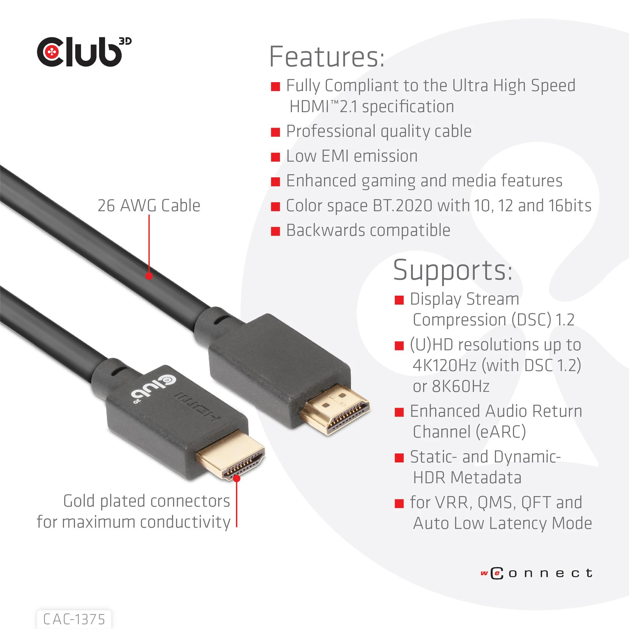 Club 3D CLUB3D itin didelės spartos HDMI™ sertifikuotas kabelis 4K120Hz 8K60Hz 48Gbps M/M 5m/16.4ft