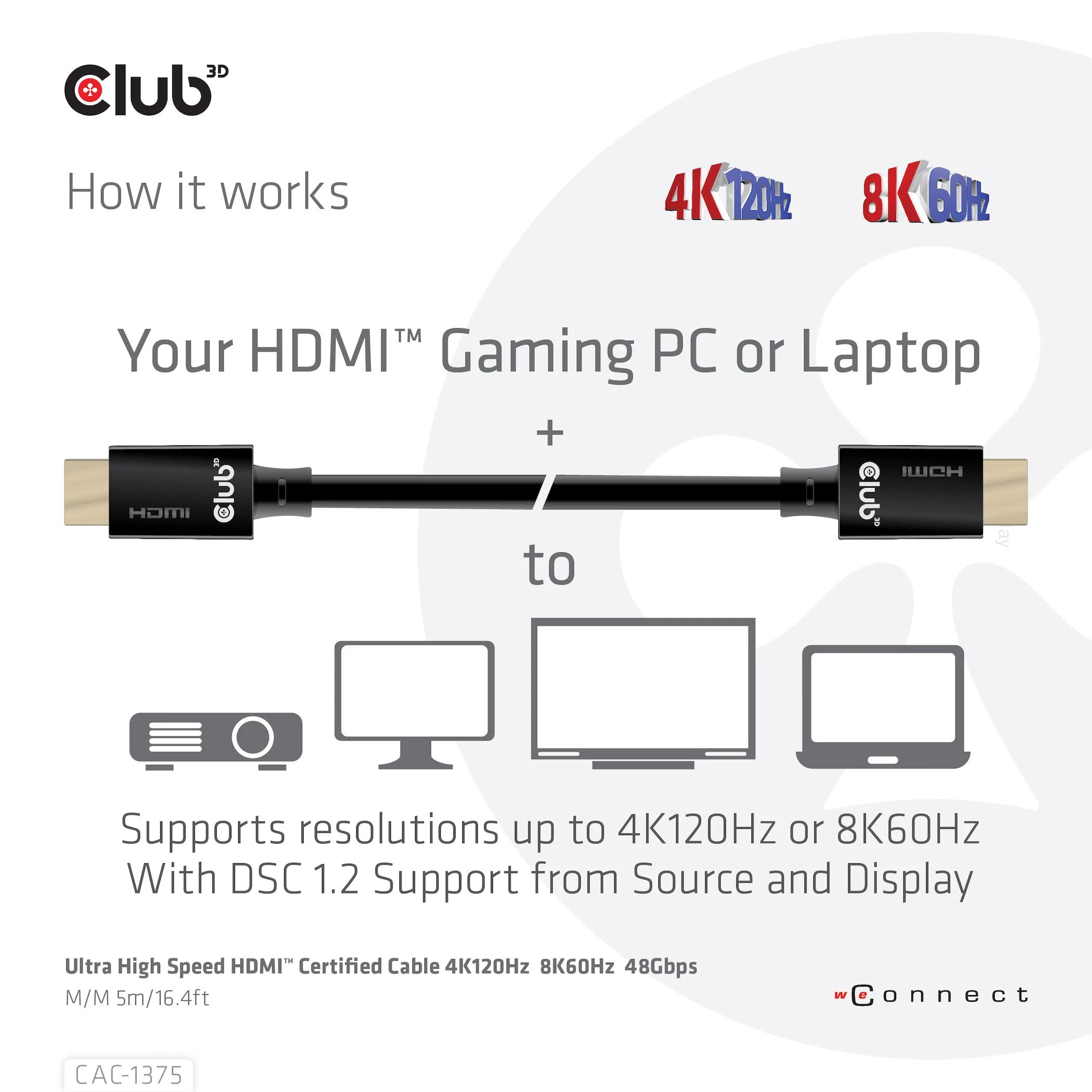 Club 3D CLUB3D itin didelės spartos HDMI™ sertifikuotas kabelis 4K120Hz 8K60Hz 48Gbps M/M 5m/16.4ft