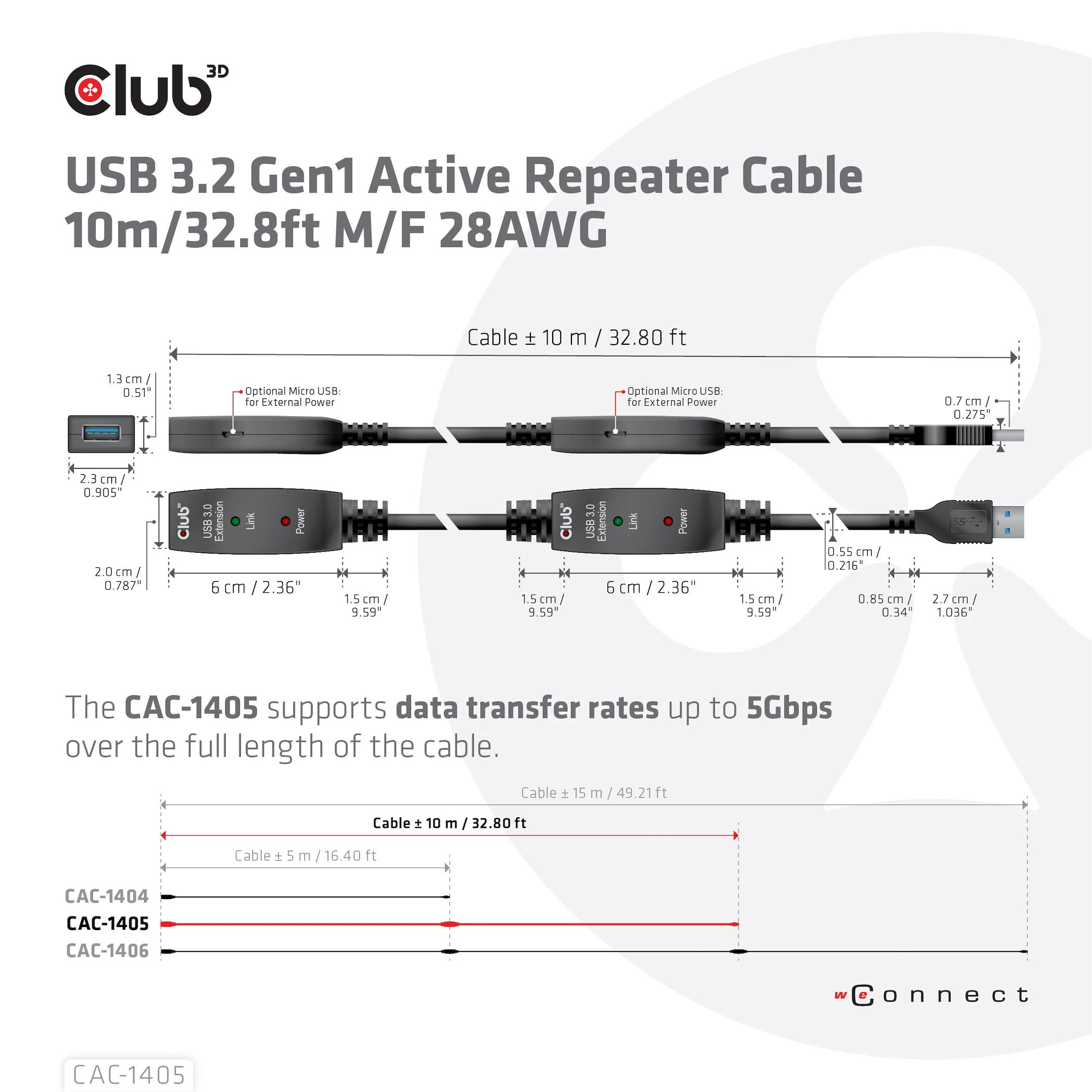 Club 3D CLUB3D USB 3.2 Gen1 aktyvaus kartotuvo kabelis 10 m / 32,8 pėdų M/F 28AWG
