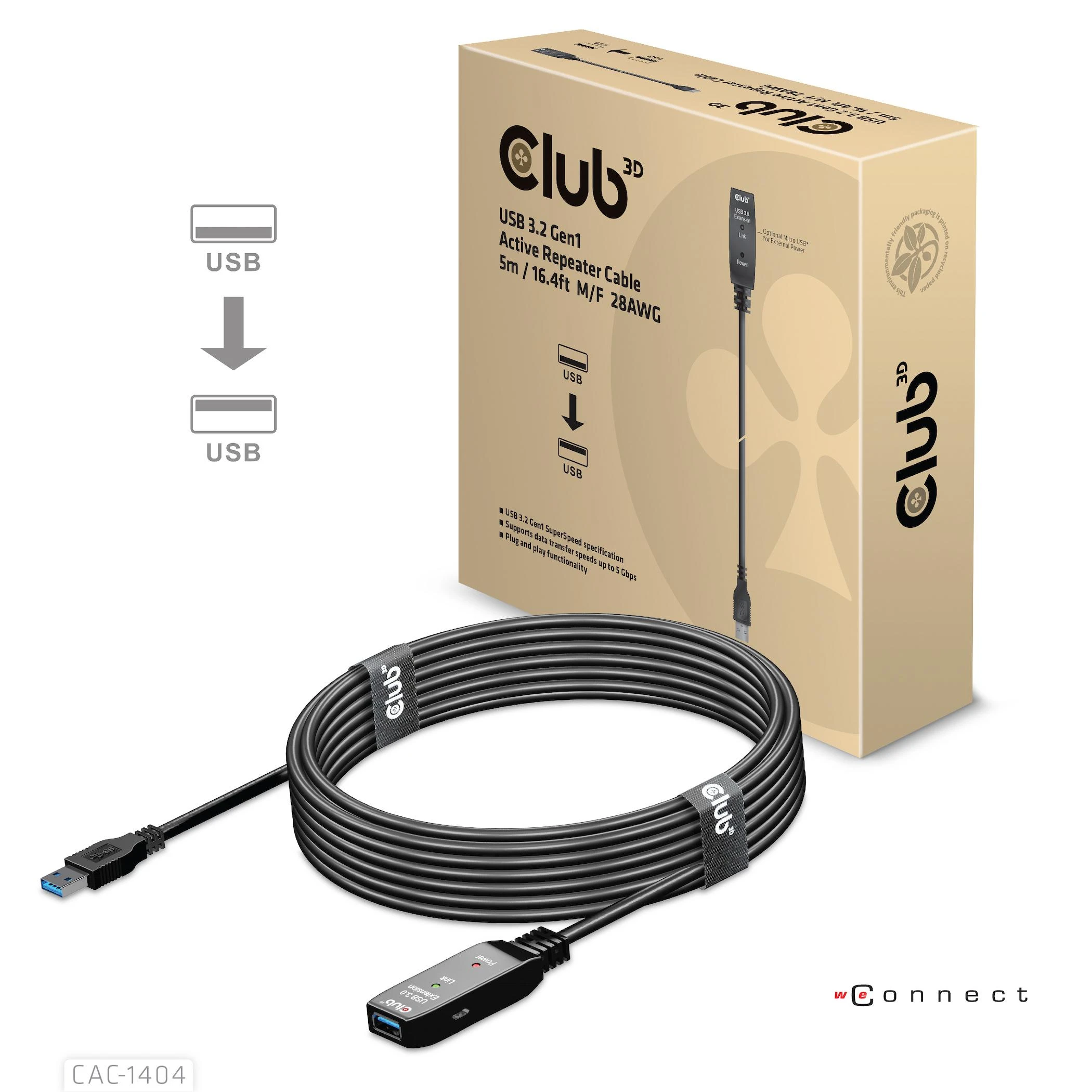 USB kabelis Club 3D USB-A - USB-A 5 m juoda (CAC- 1404)