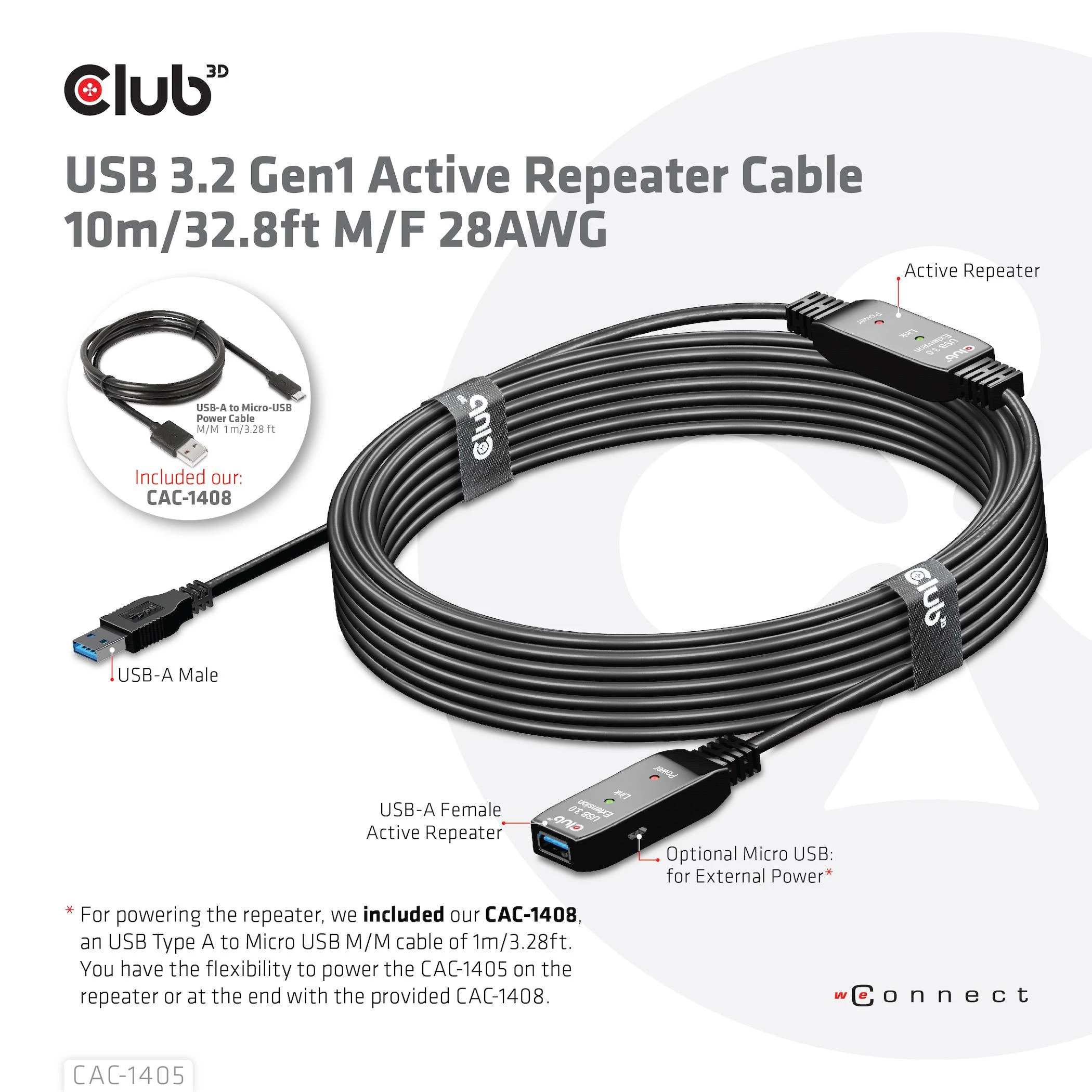 Club 3D CLUB3D USB 3.2 Gen1 aktyvaus kartotuvo kabelis 10 m / 32,8 pėdų M/F 28AWG