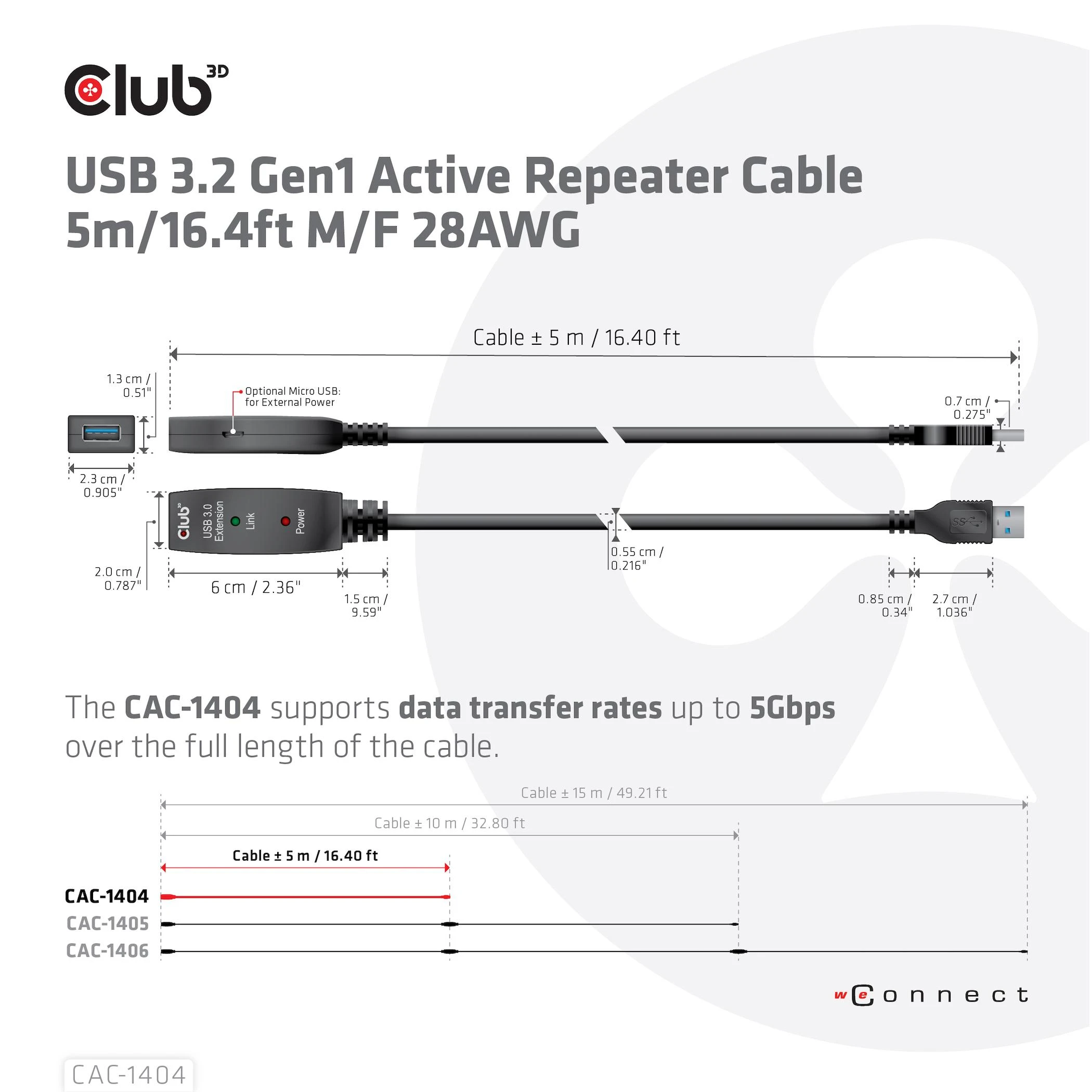 USB kabelis Club 3D USB-A - USB-A 5 m juoda (CAC- 1404)
