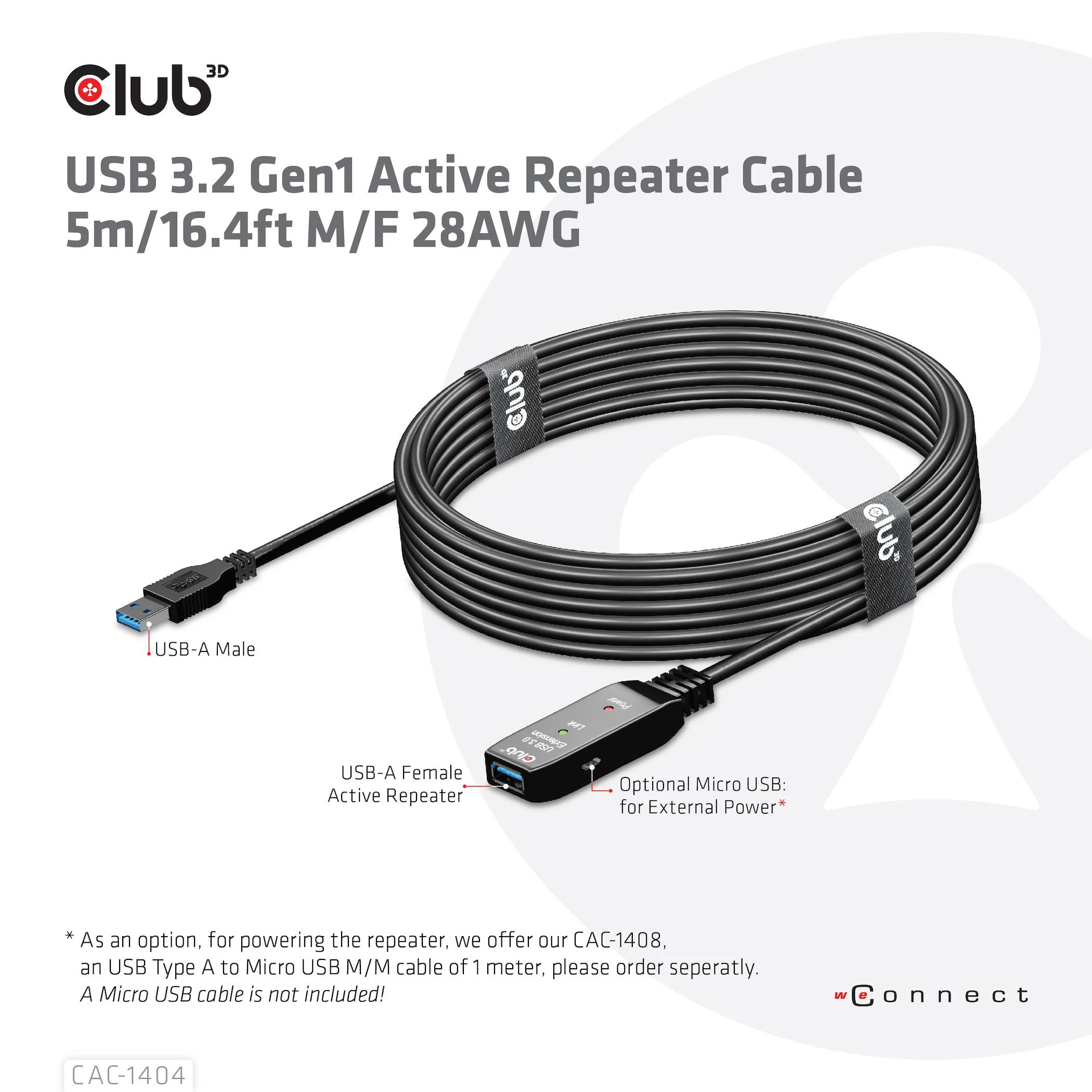 USB kabelis Club 3D USB-A - USB-A 5 m juoda (CAC- 1404)