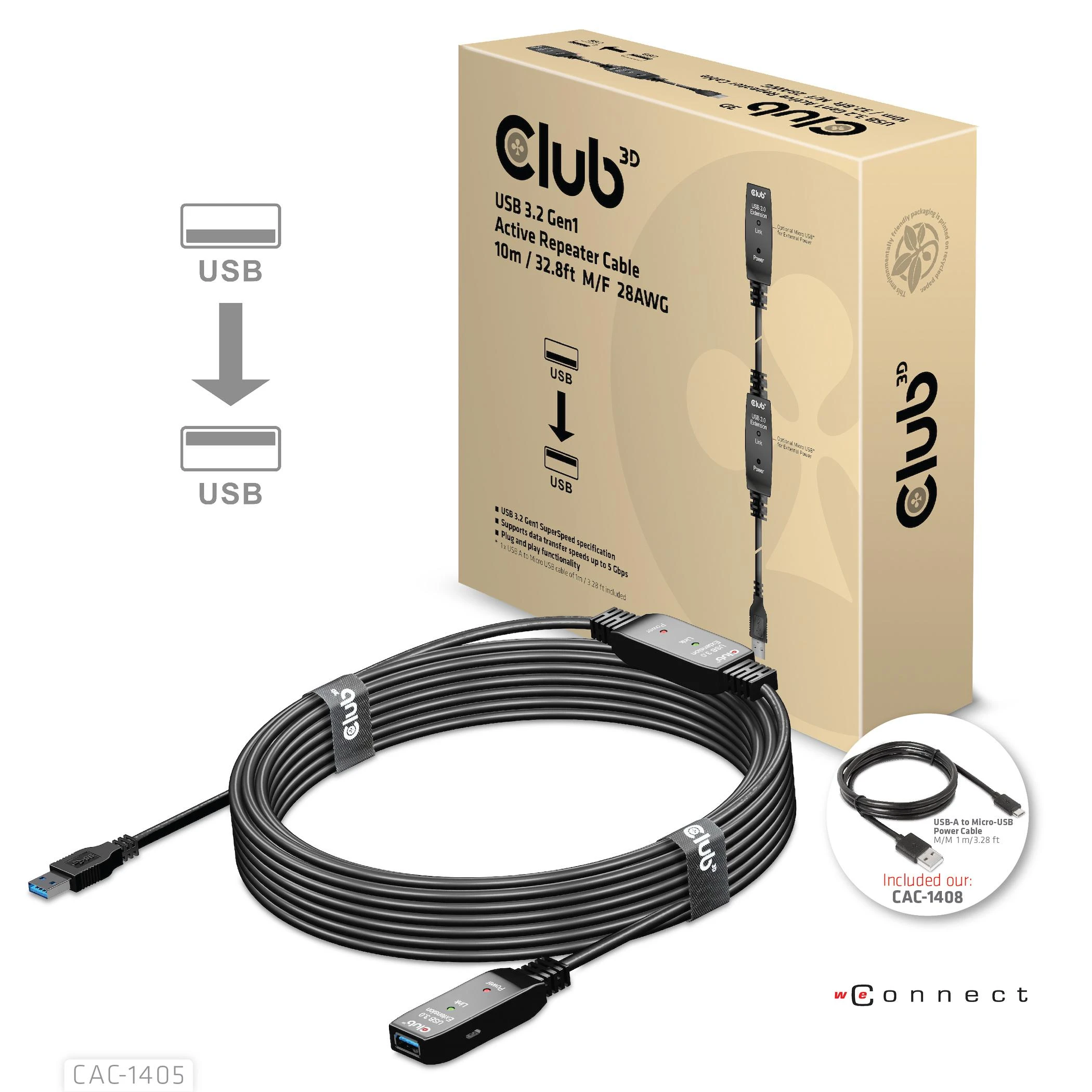 Club 3D CLUB3D USB 3.2 Gen1 aktyvaus kartotuvo kabelis 10 m / 32,8 pėdų M/F 28AWG