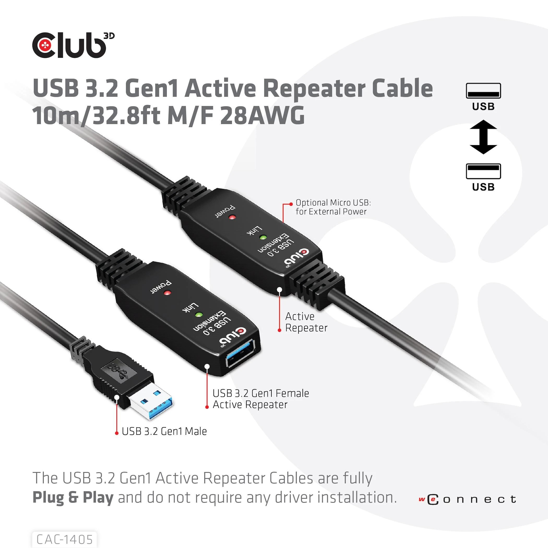 Club 3D CLUB3D USB 3.2 Gen1 aktyvaus kartotuvo kabelis 10 m / 32,8 pėdų M/F 28AWG
