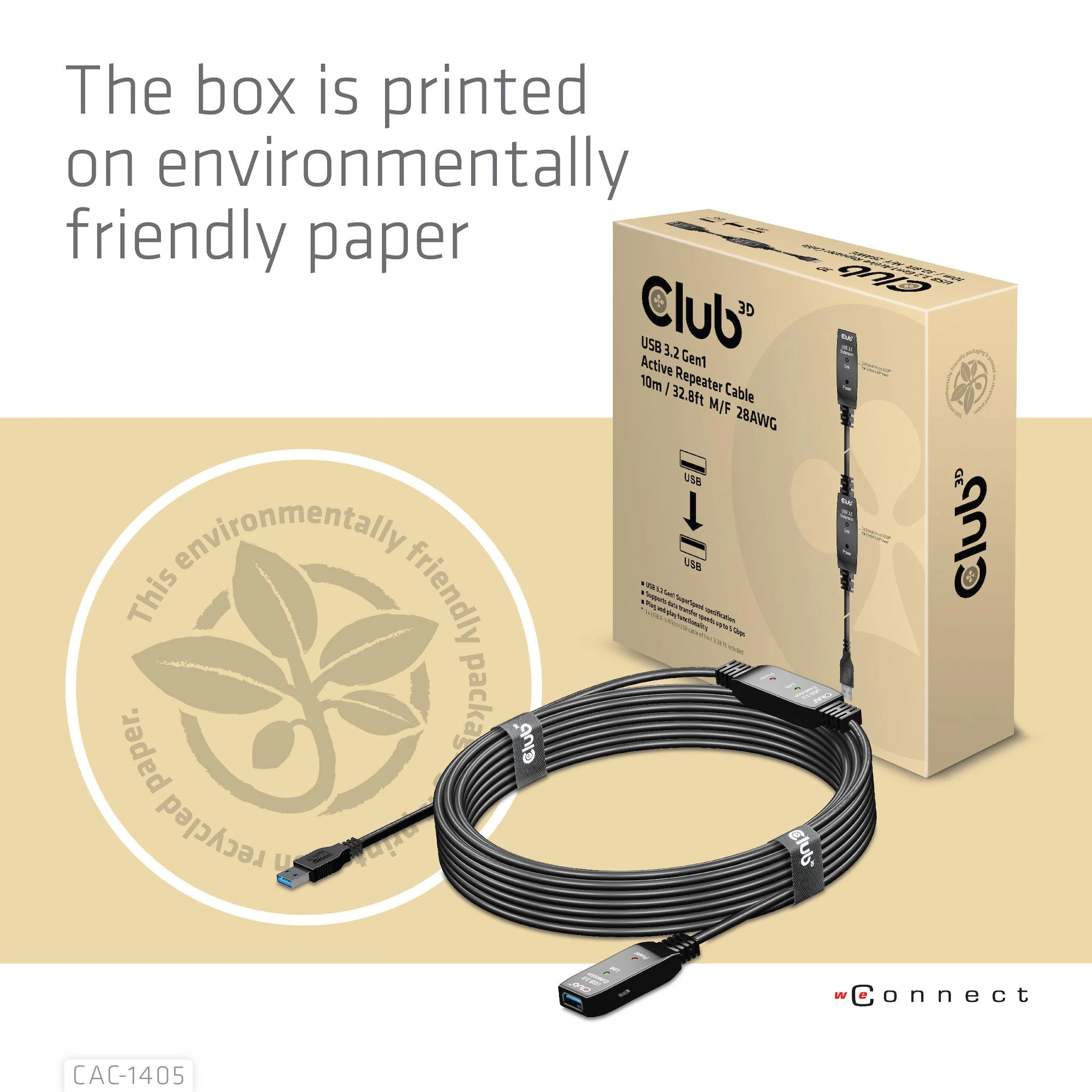 Club 3D CLUB3D USB 3.2 Gen1 aktyvaus kartotuvo kabelis 10 m / 32,8 pėdų M/F 28AWG