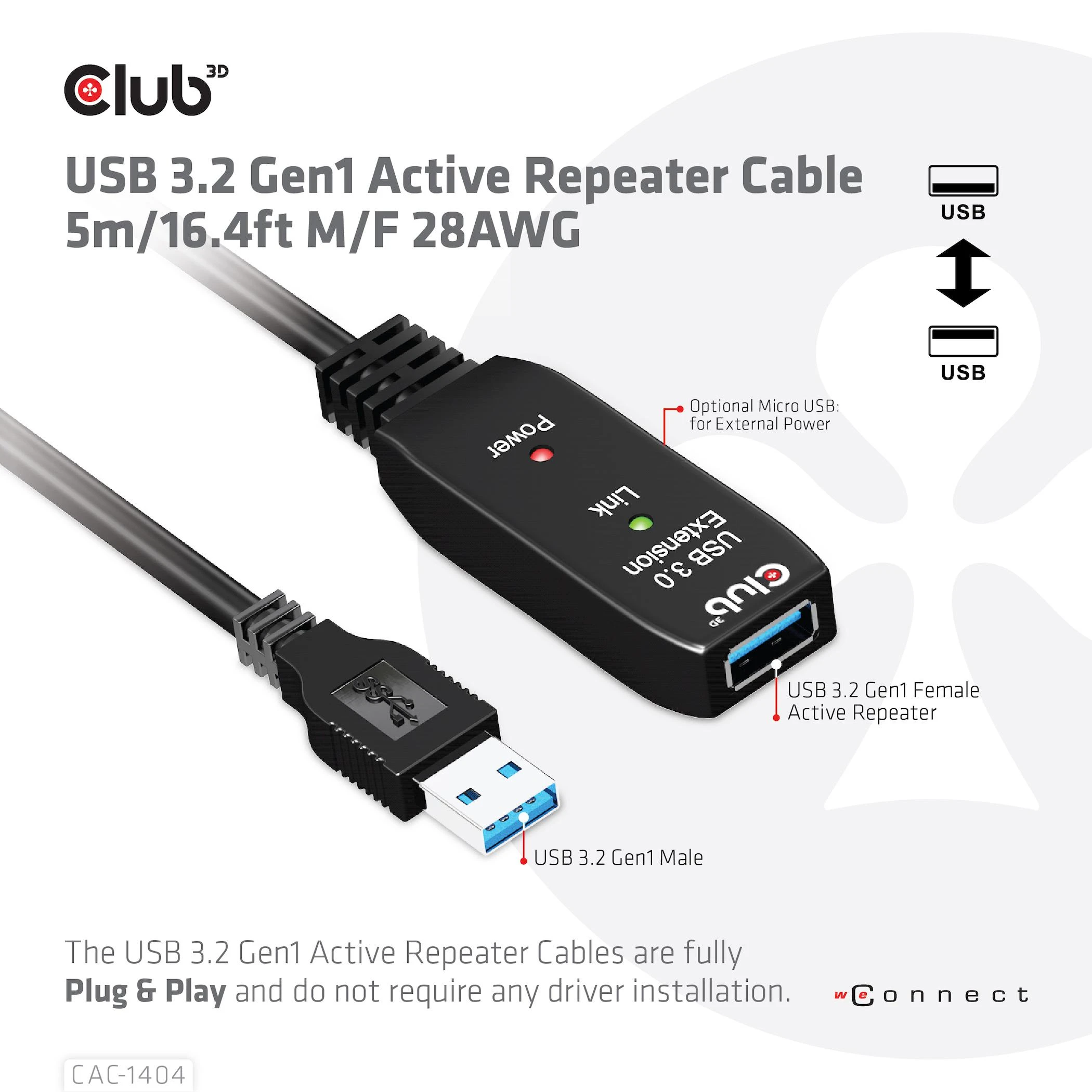 USB kabelis Club 3D USB-A - USB-A 5 m juoda (CAC- 1404)