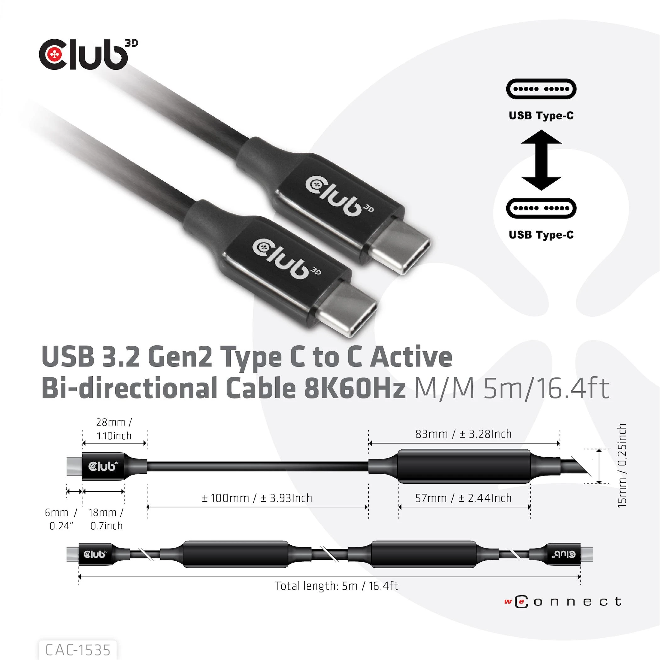 „Club 3D“ USB-C laidas, dvikryptis, USB 3.1 (10 Gbps), 60 W maitinimo tiekimas – 5 m