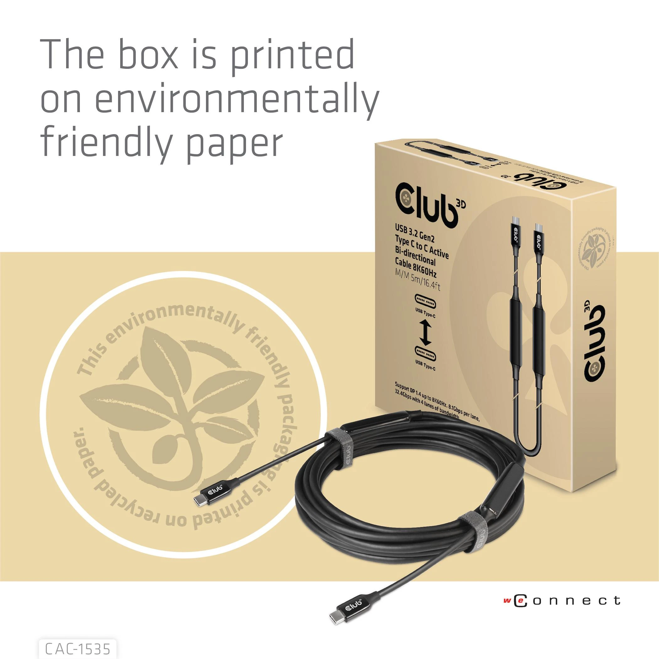 „Club 3D“ USB-C laidas, dvikryptis, USB 3.1 (10 Gbps), 60 W maitinimo tiekimas – 5 m