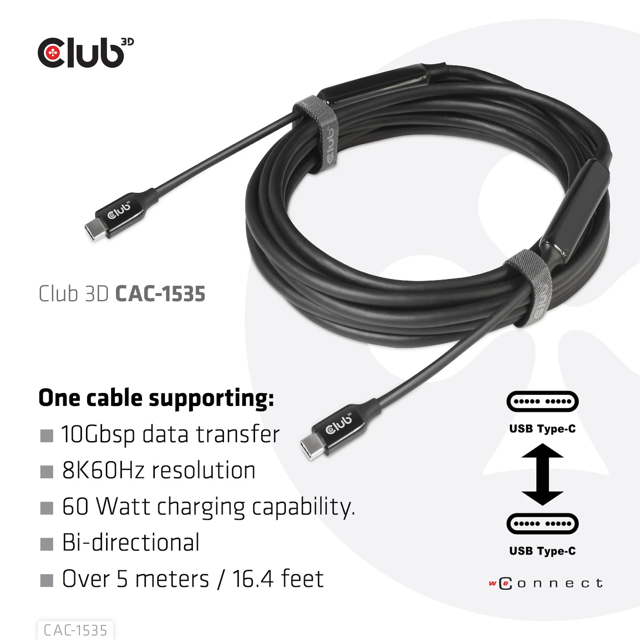 „Club 3D“ USB-C laidas, dvikryptis, USB 3.1 (10 Gbps), 60 W maitinimo tiekimas – 5 m