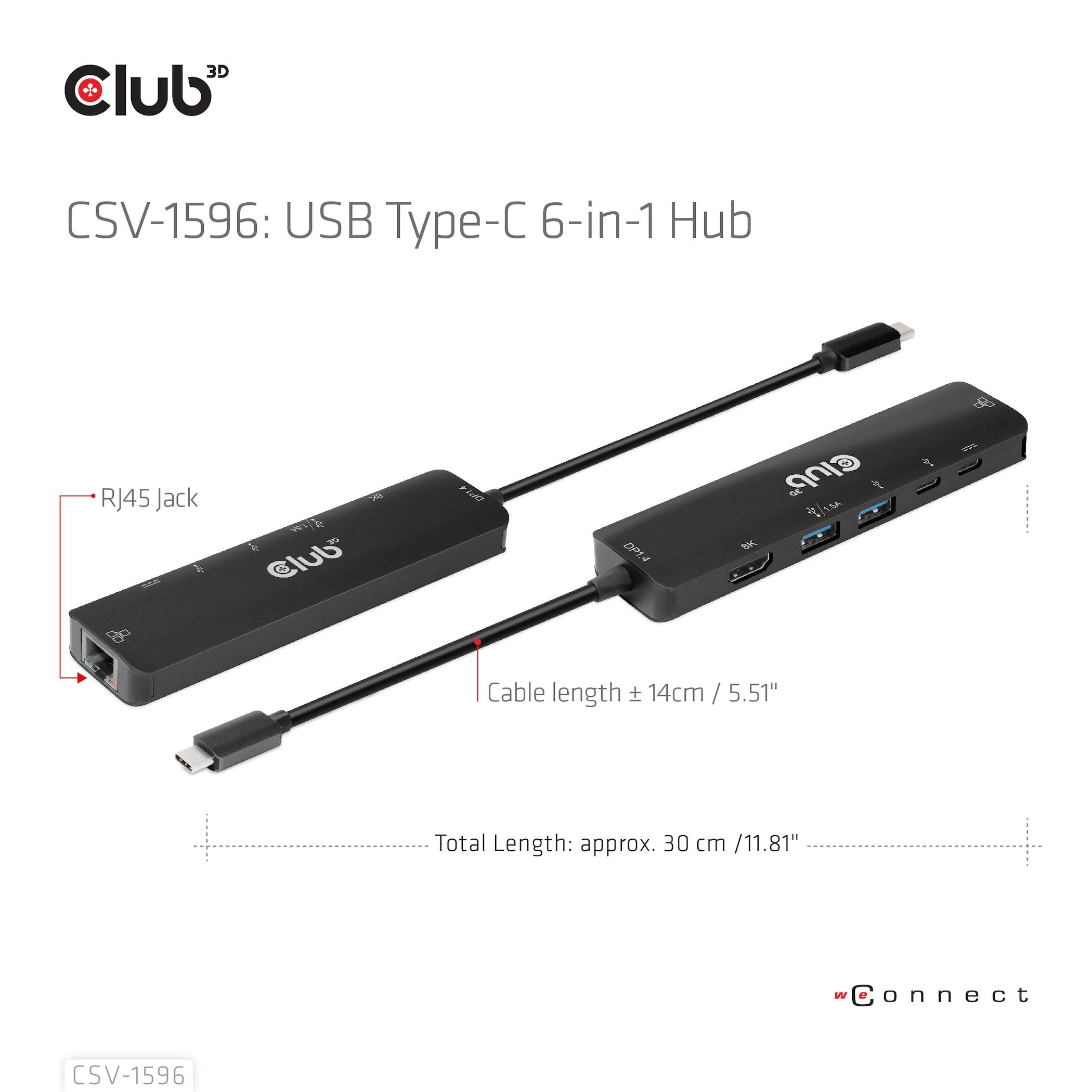 Club 3D Club3D CSV-1596 USB GEN1 TYPE-C, 6 viename stebulės SU HDMI™8K30HZ, 2XUSB TYPE-A, RJ45 IR 2XUSB TYPE-C, DUOMENŲ IR PD Įkrovimas 100 W