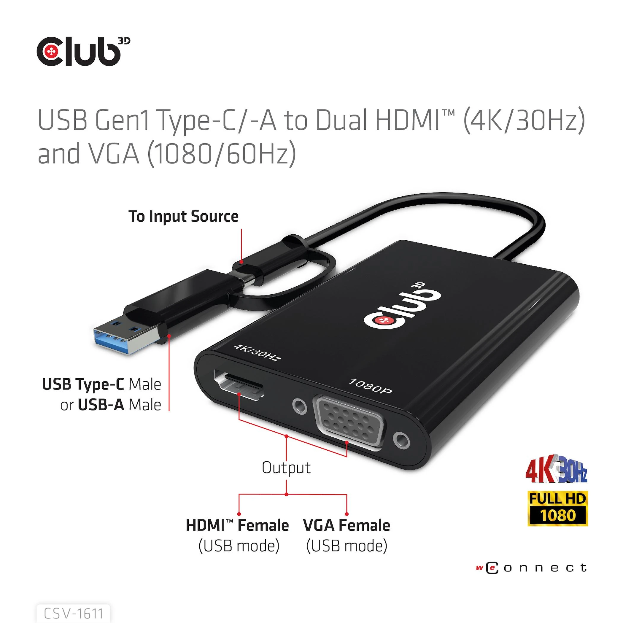 Club 3D CLUB3D USB Gen1 Type-C/-A iki dvigubo HDMI (4K/30Hz) / VGA (1080/60Hz)