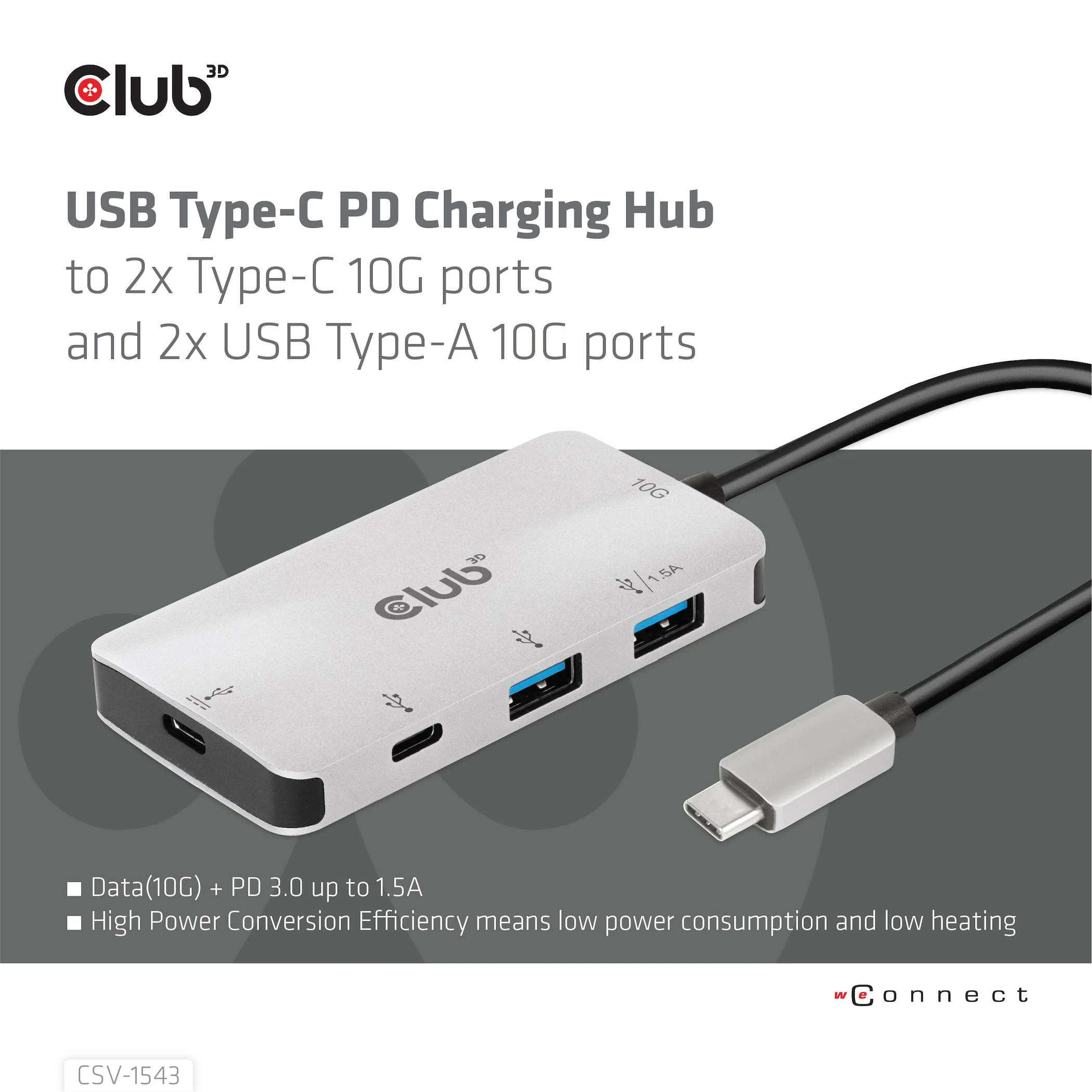 Club 3D USB Gen2 Type-C PD įkrovimo šakotuvas su 2x Type-C 10G prievadais ir 2x USB Type-A 10G